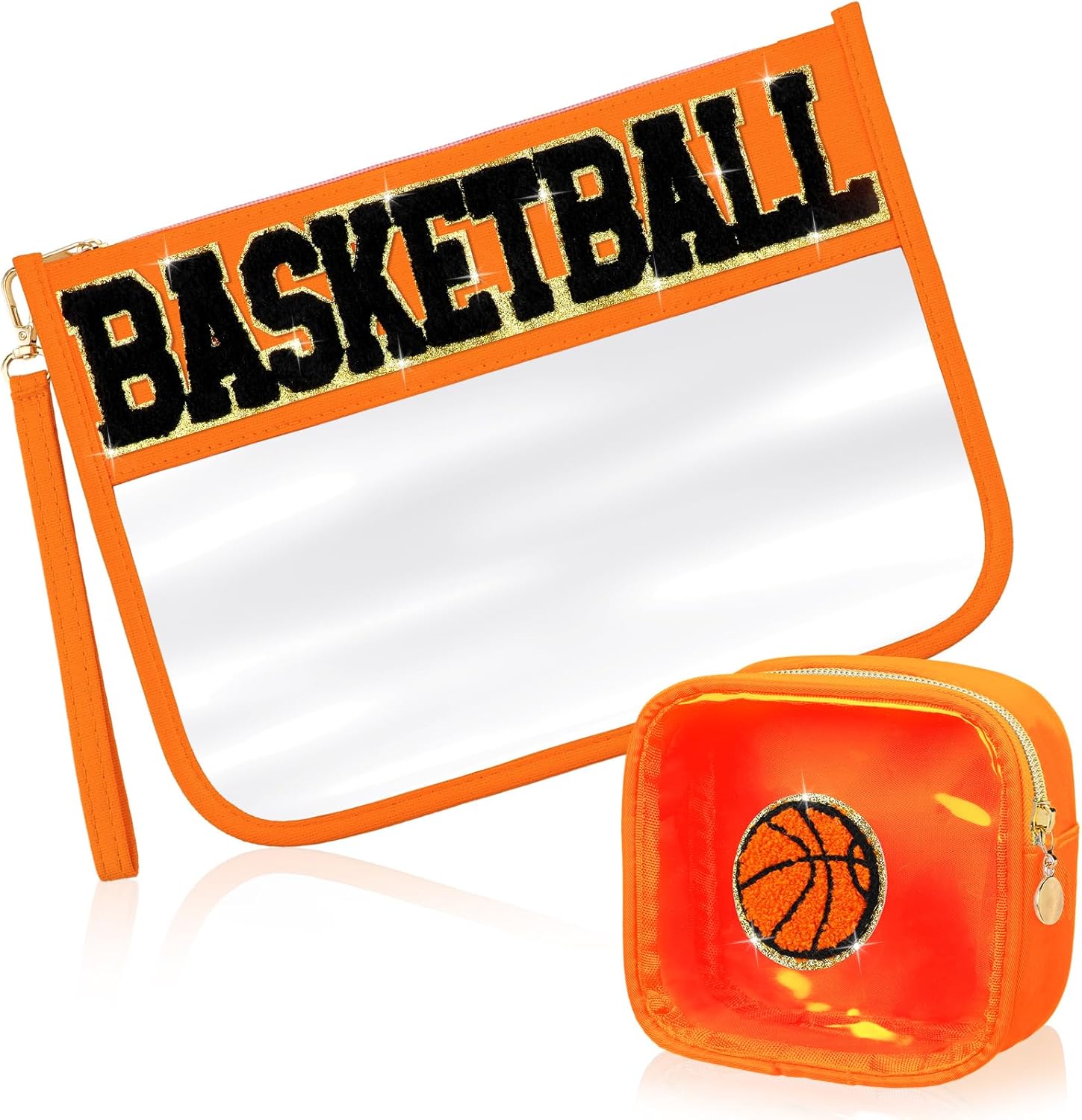 Hillban 2 Pcs Basketball Girls Gifts Makeup Cosmetic Bag Clear Toiletry Purse Chenille Letter Zipper Pouch Basketball Accessories for Women Sport Portable Travel Stuff Storage Case Bags