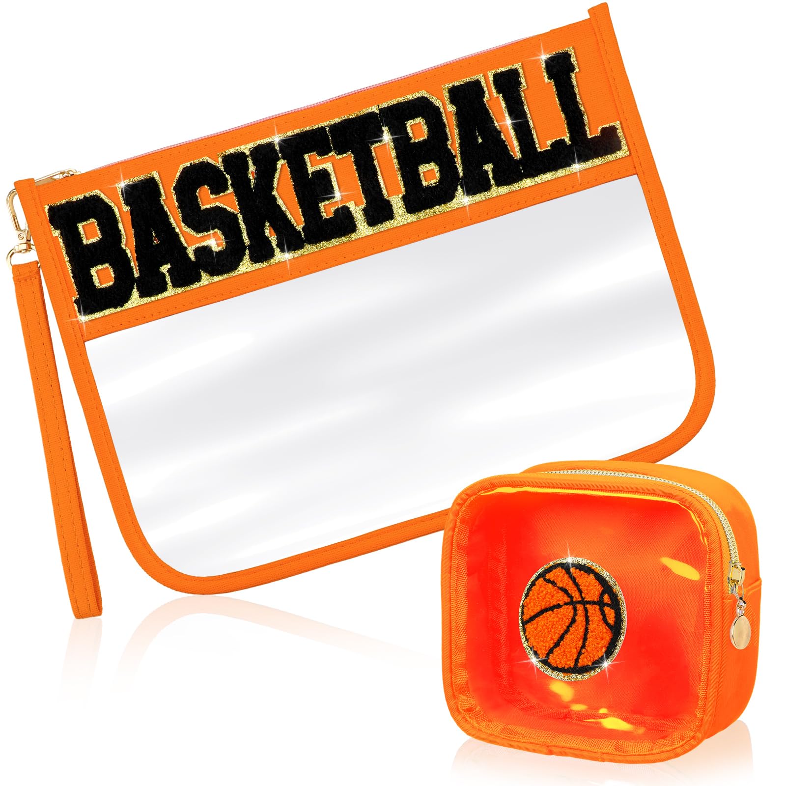 2 Pcs Basketball Gift Bag Girl Basketball Goodie Bag for Snack Treat Candy March Madnesss Clear Makeup Cosmetic Toiletry Purse Chenille Letter Zipper