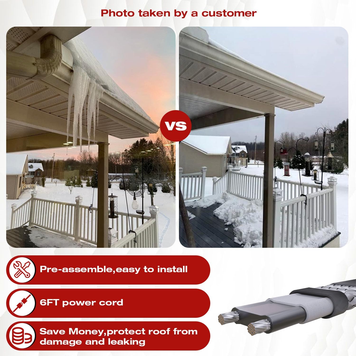 H&G lifestyles 8W/FT Roof Heat Cable for Roof and Gutters, Self-Regulating Heaters to Prevent Ice Dams,Heavy Duty Heat Tapes for Snow De-Icing, 8Watts per Foot Patented Heating Technology 80FT