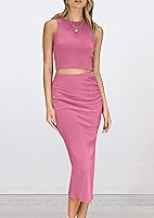 Vista 6 de PRETTYGARDEN Conjunto de 2 piezas de verano para mujer, cuello redondo, sin mangas, con abertura, falda midi