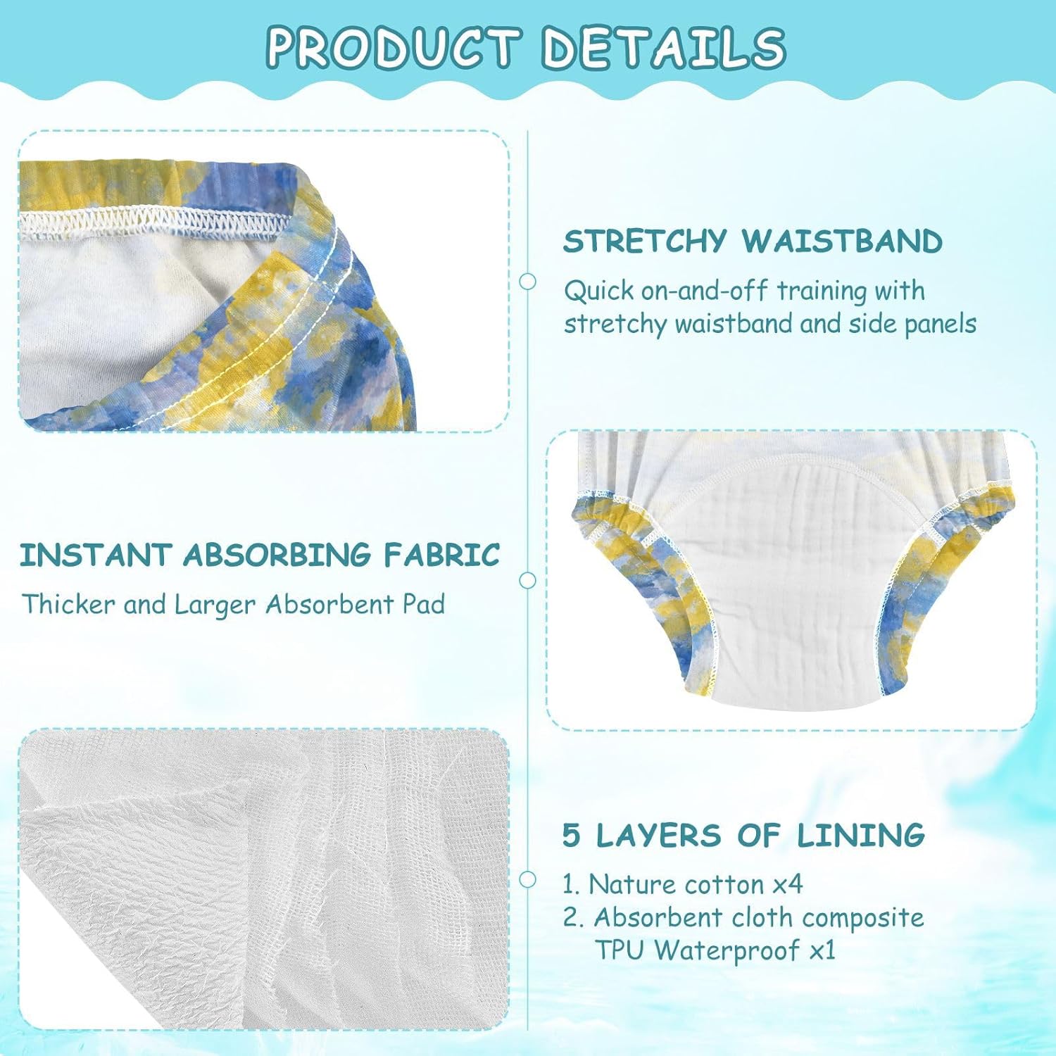 Little Boys Sleep Training Pants Reusable Cloud Blue Yellow Watercolor Nighttime Potty Training Underwear