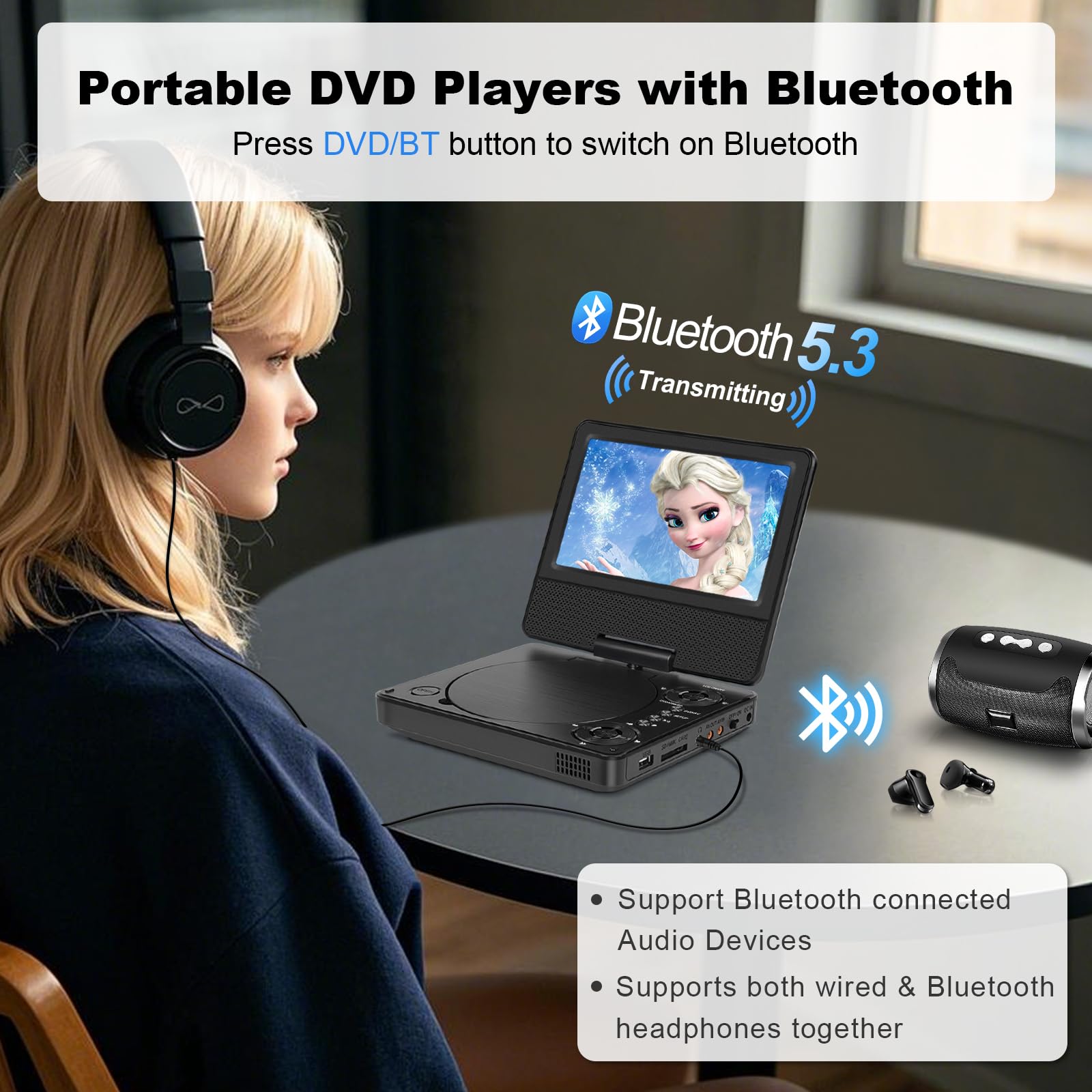 HotHat Lettore DVD portatile da 9,5 pollici per bambini e auto, schermo girevole HD da 7,5", Bluetooth 5.3, supporto video 1080p, batteria 5H, sincronizzazione cuffie wireless, senza regione, USB / TF