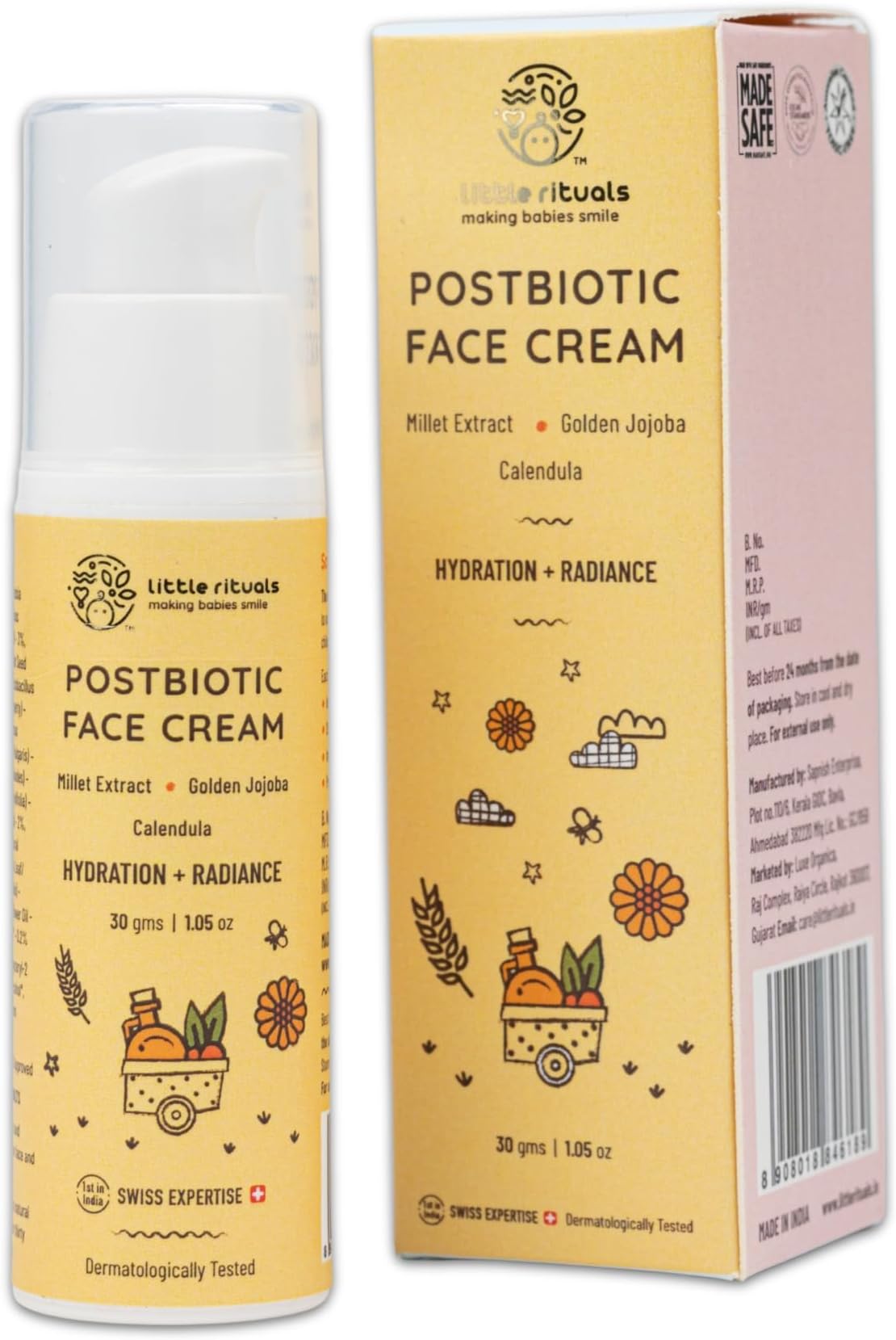 Little Rituals Baby POST-BIOTIC FACE CREAM - HYDRATION + RADIANCE Formulated with best plant botanical - Golden Millets, Jojoba, and Calendula, Natural, Organic, Dermat tested, SWISS Technology -30 gm
