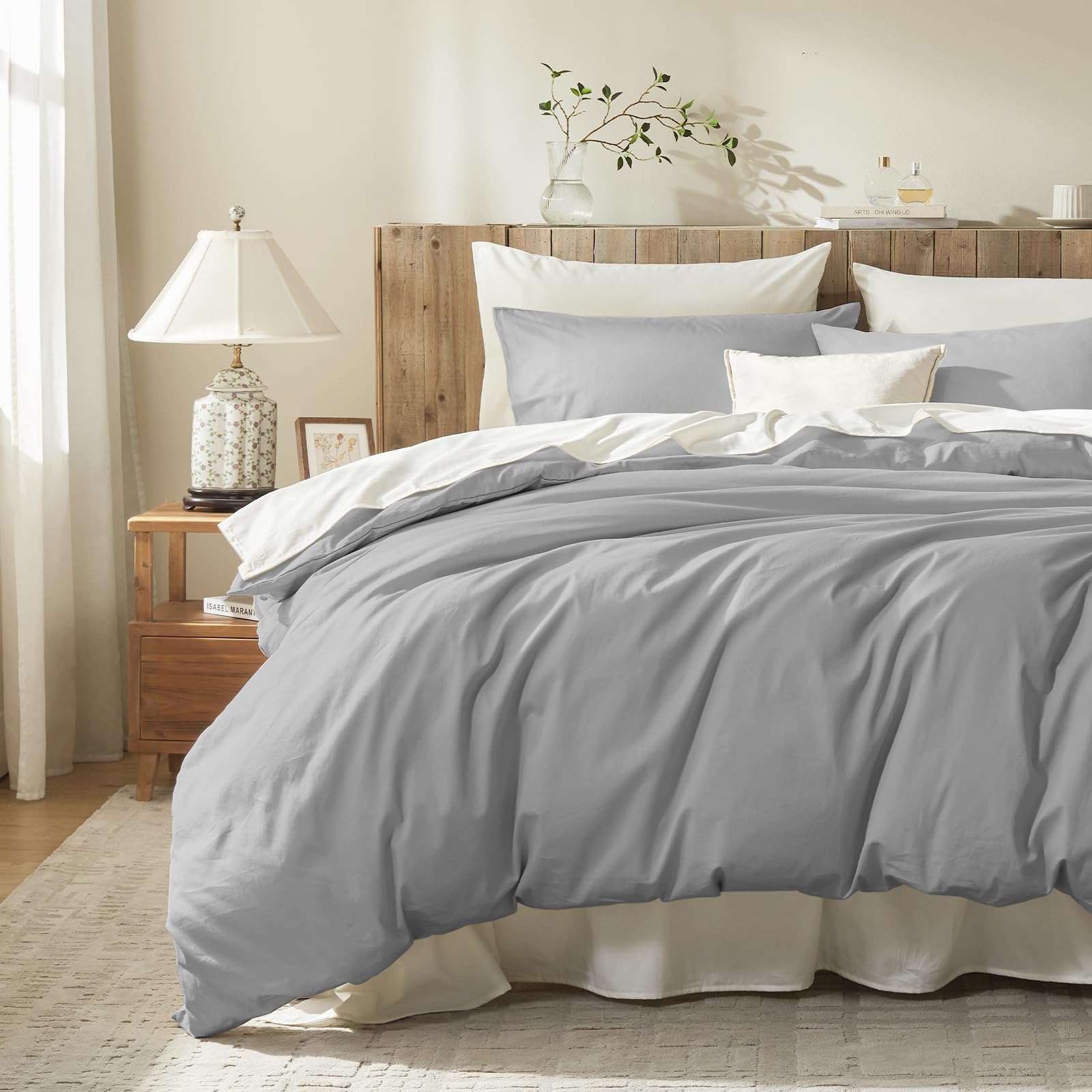 DCSKY Duvet Cover Queen Size,100% Egyptian Cotton 1600 Thread Count, Soft, Breathable, Skin-Friendly, Moisture-Wicking Bedding Set with Zipper Closure & Corner Ties(Grey, 90''x90''