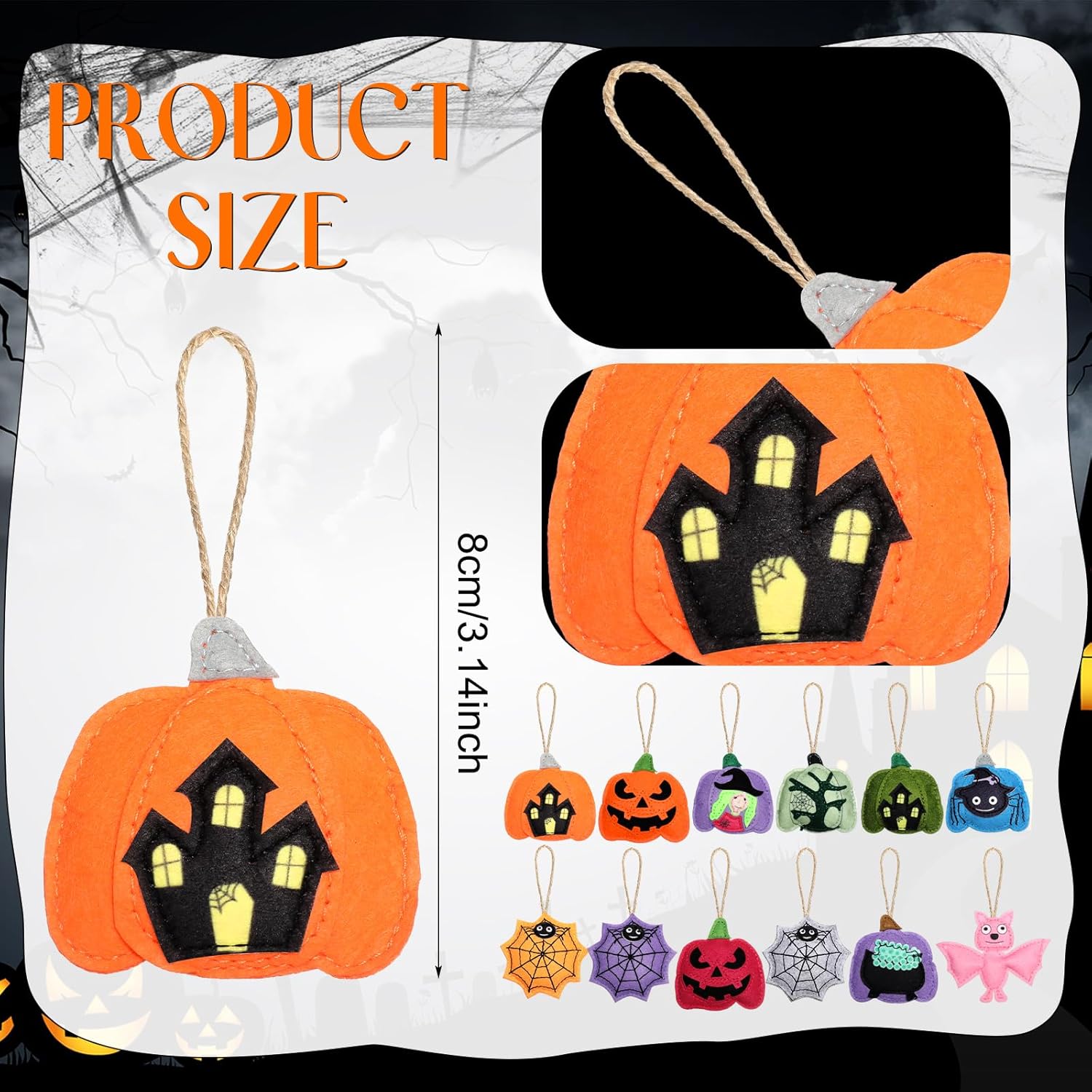 12 Pcs Halloween Felt Ornaments for Tree Decoration Spooky Pumpkin 3D Hanging Felt Ornaments Spider Web Bat Tree Decorations for Halloween Party Decor, 3.15 Inch - Image 2