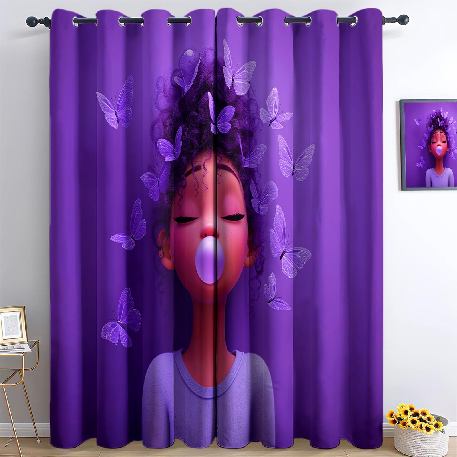 Blackout Curtains Bedroom 29.5” W x 65” L (2 Panels), Cartoon Black Girl Butterfly Thermal Insulated Curtains, for Kids Room Living Room Drapes – Purple Thermal Light Blocking Curtain Grommet Top