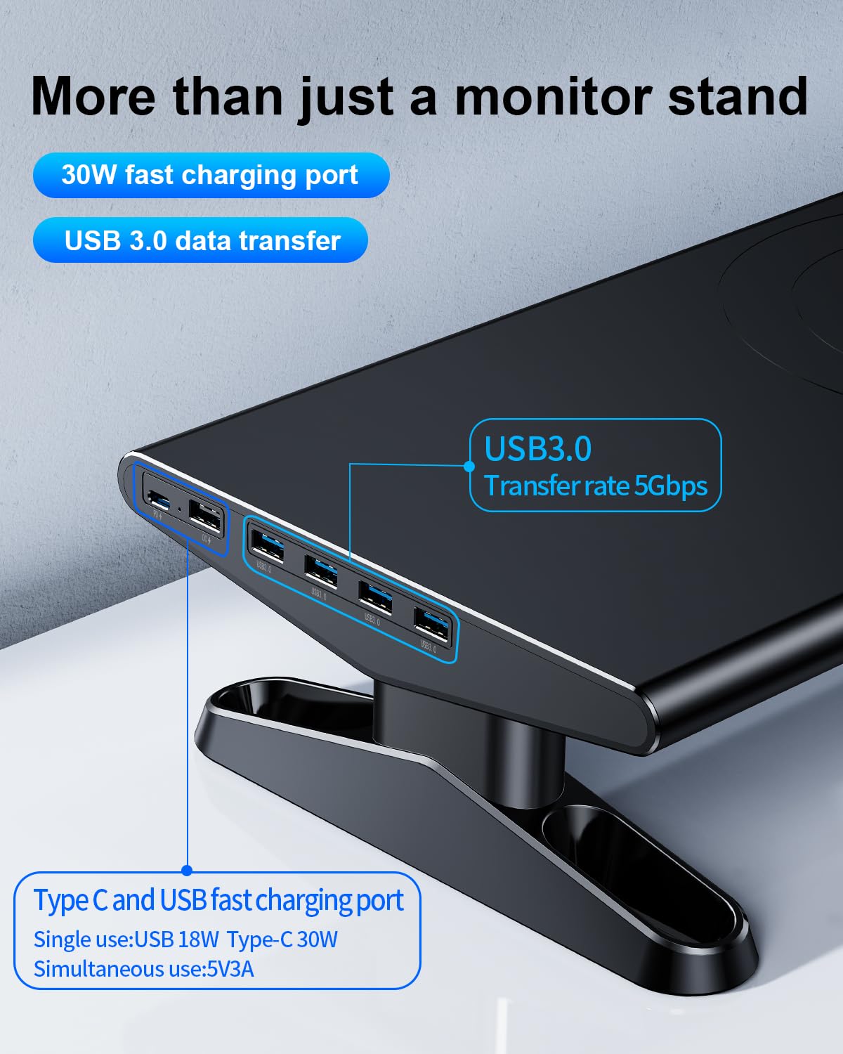 Support de moniteur d'ordinateur pour bureau avec chargement par concentrateur USB, station d'accueil USB C 30 W/5 Gbit/s avec alimentation, 11,2 à 14,4 cm réglable en hauteur avec support de