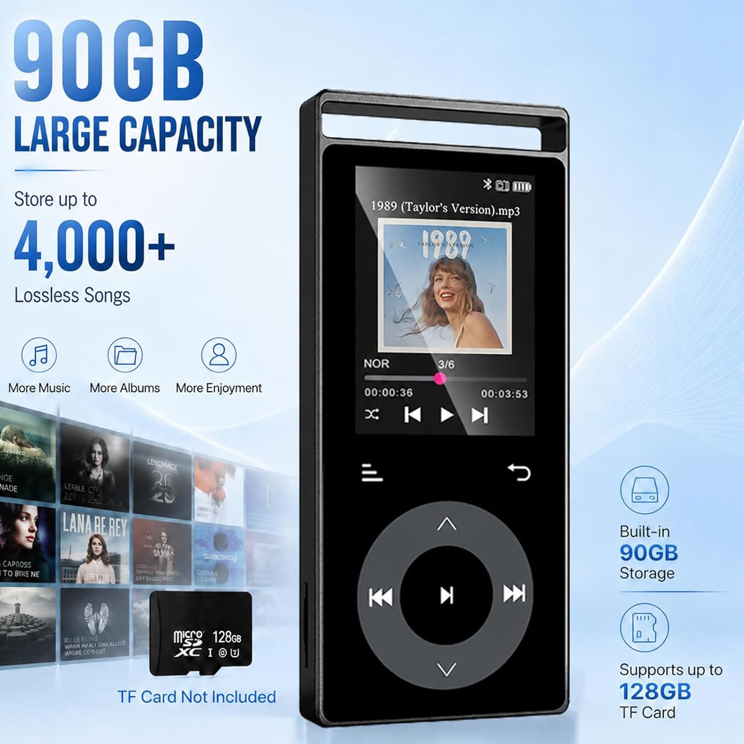 Lecteur Mp3 Bluetooth 5.3 Son HiFi, Boutons Tactiques, Structure Métall, Écran Couleur, Extension 128Go, Écouteurs Inclus Noir