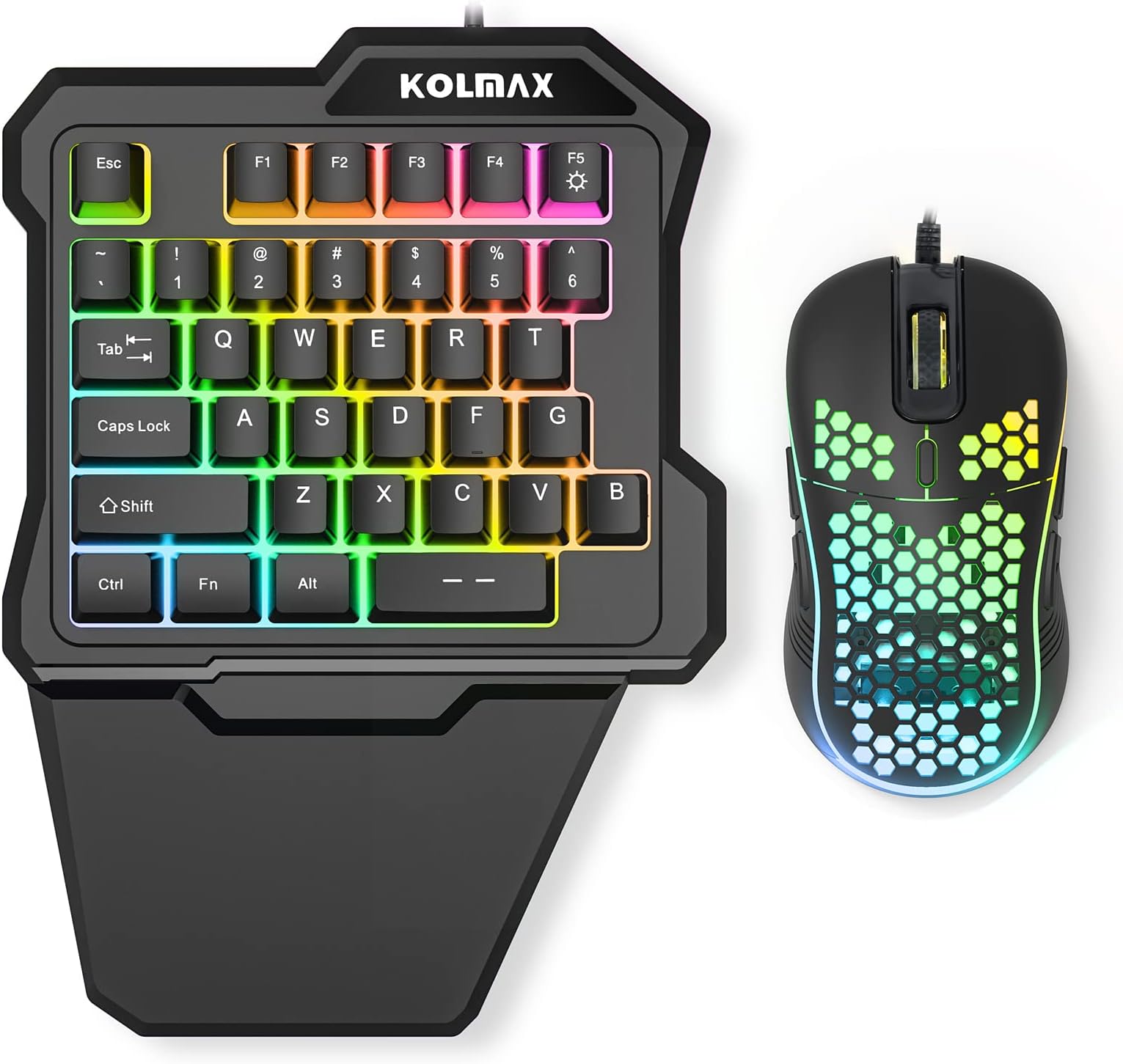 RGB One Handed Gaming Keyboard and Mouse Combo, Mechanical Feeling USB Wired Keypad with Wrist Rest, Gaming Mouse for Laptop PC, Xbox PS4, Game, Office