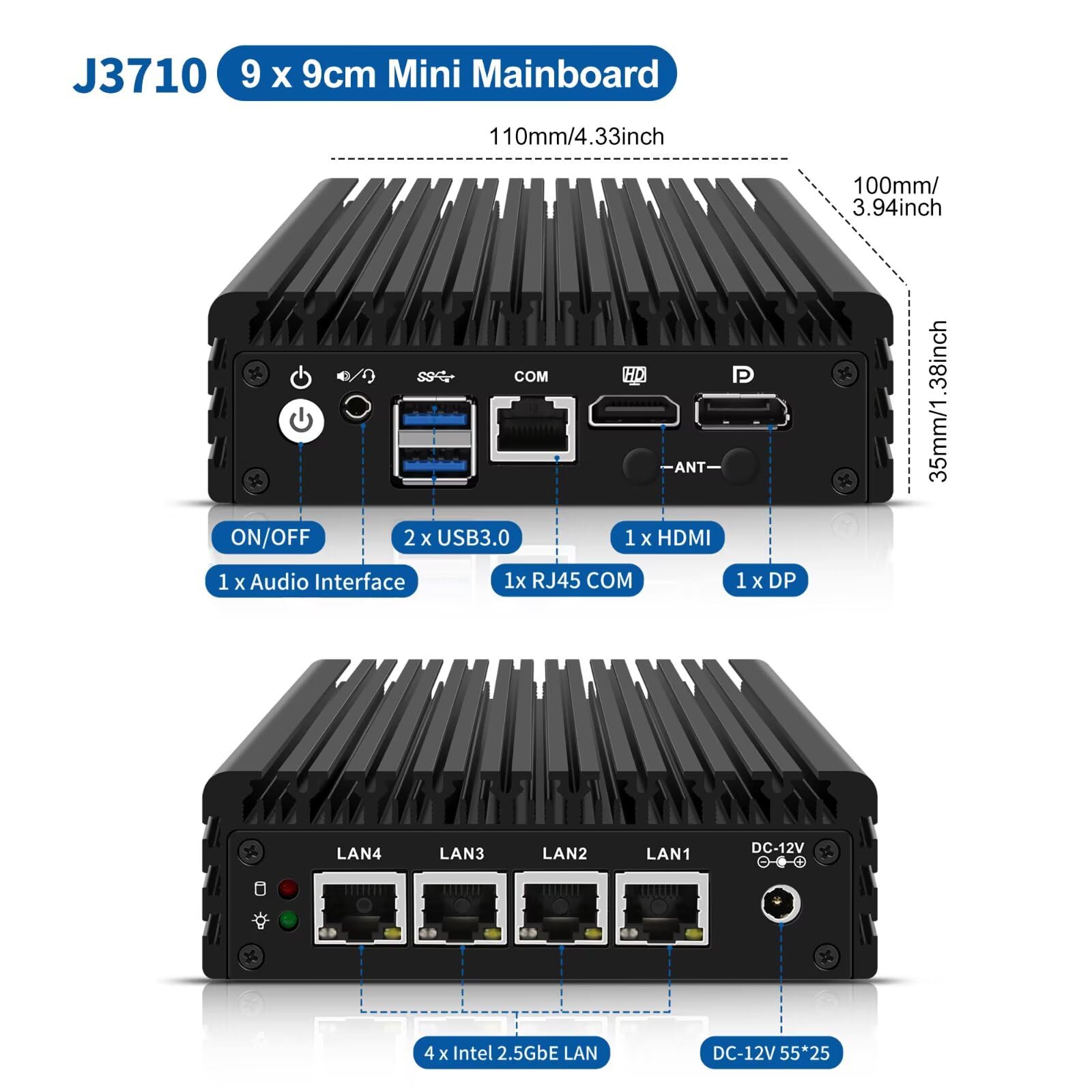 SJRC Pentium J3710 Fanless Mini PC, 4 x 2,5 GbE LAN, OPNsense Micro Firewall Appliance Dual 4K HD/DP, Desktop Compact PC 8 GB DDR3 RAM 256 GB SSD, RJ45 COM, 2 x USB 3.0 do domowego biura
