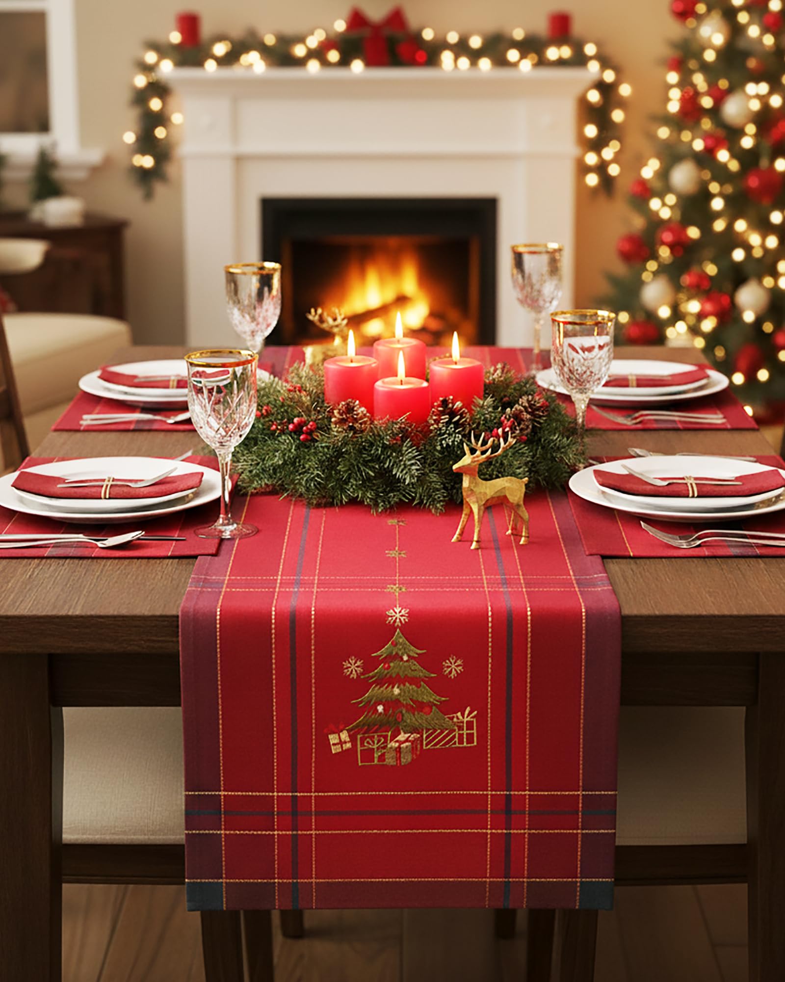 KAMACA Table Runner 40 x 140 cm with Filigree Embroidery Kitchen Dining Table Decoration Eyecatcher in Autumn Winter Christmas (Christmas Tree 40 x 140 cm)