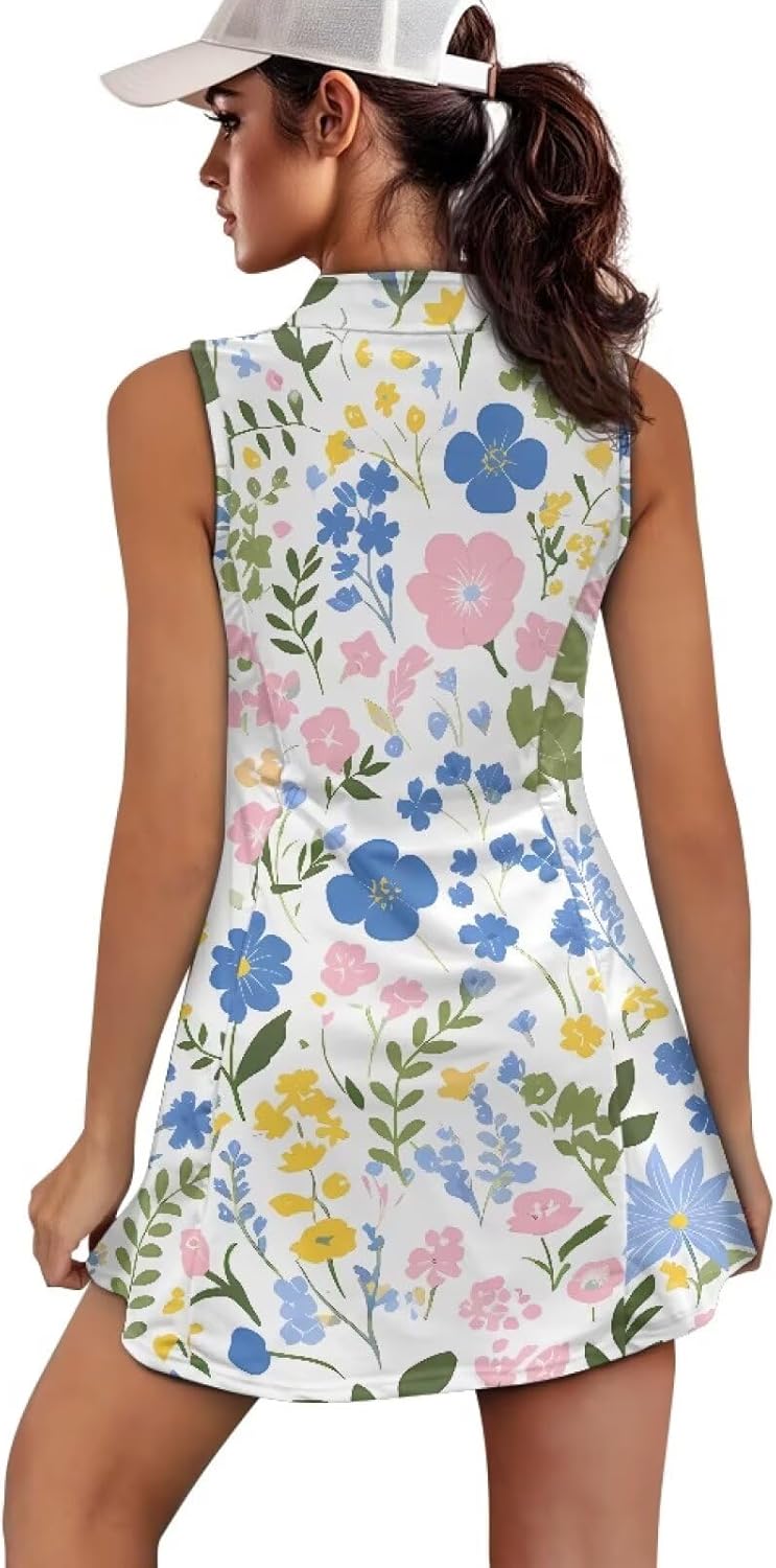 Daisy Flower Womens Tennis Dress Pumpkin Maple Leaves Stand Collar Golf Outfits Cartoon Capybara Athletic Dress