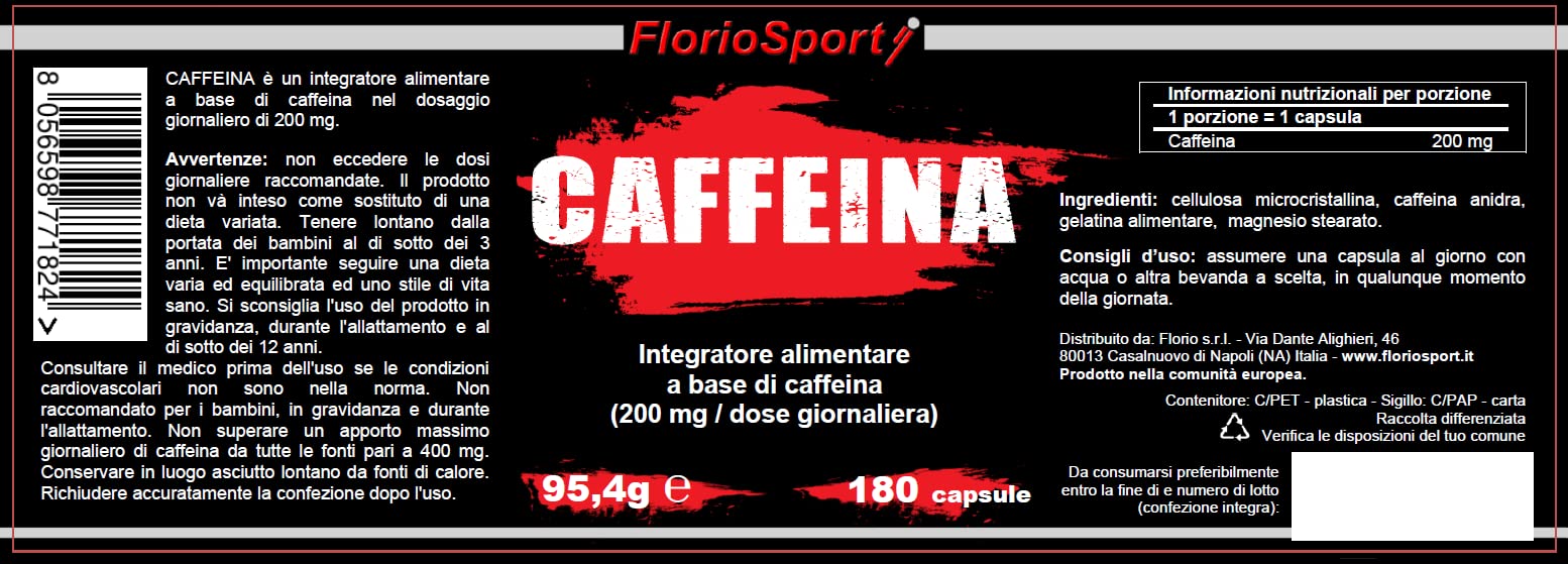 FlorioSport Caffeina Anidra Pura 180 Capsule da 200 mg | Integratore Alimentare, Alto Dosaggio