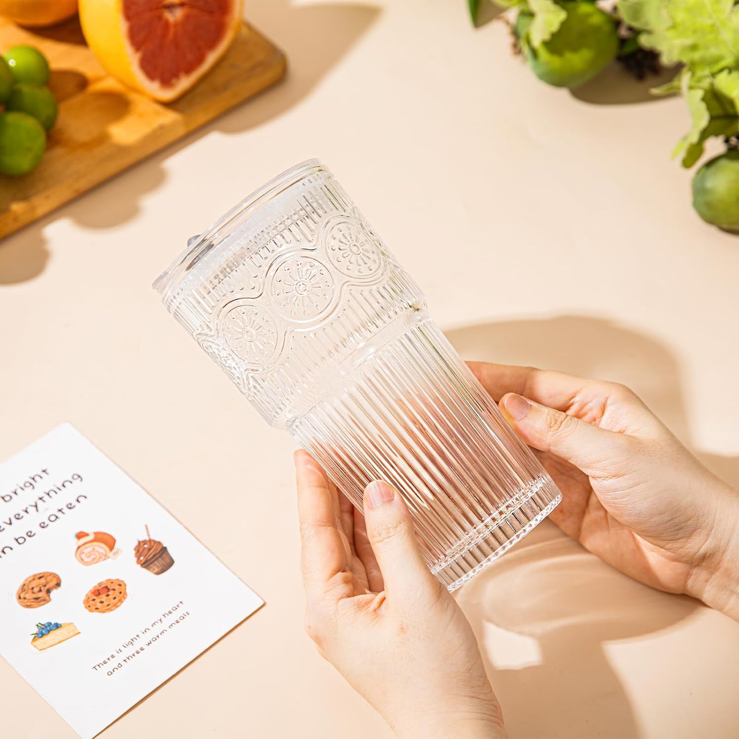 20oz Ribbed & Floral Glass Tumbler Set of 2 – Reusable Glass Cups with Lid and Glass Straw, Iced Coffee Cups for Water, Smoothie, Milk, Cocktail & More – Perfect for Daily Use & Travel - Image 8