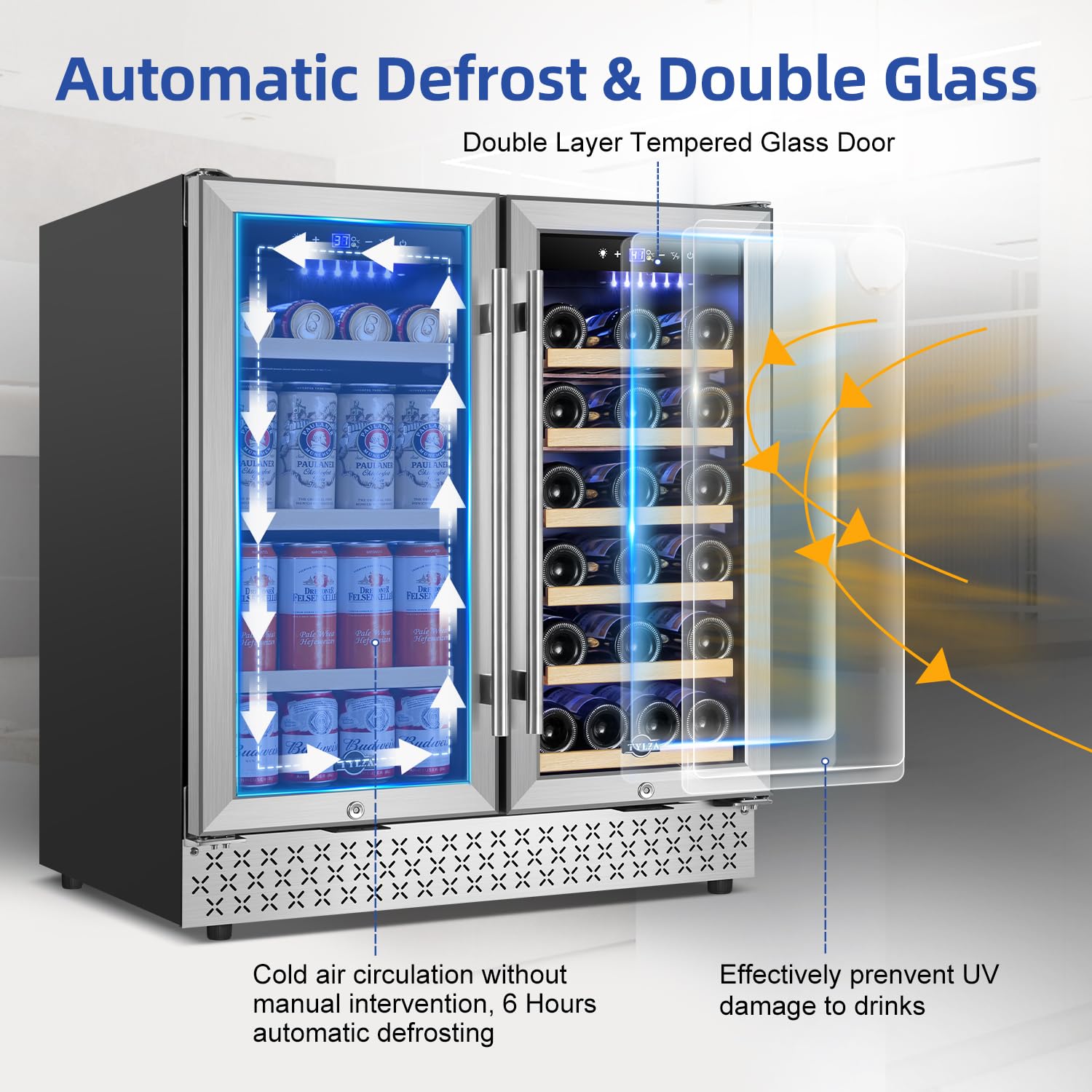 Tylza 30 Inch Wine And Beverage Refrigerator, Dual Zone Wine Beverage Cooler 30" With French Door, Under Counter Wine Beer Fridge Built-In Or Freestanding, Holds 29 Bottles And 110 Cans Tybc200 on Fridge.com - View 4
