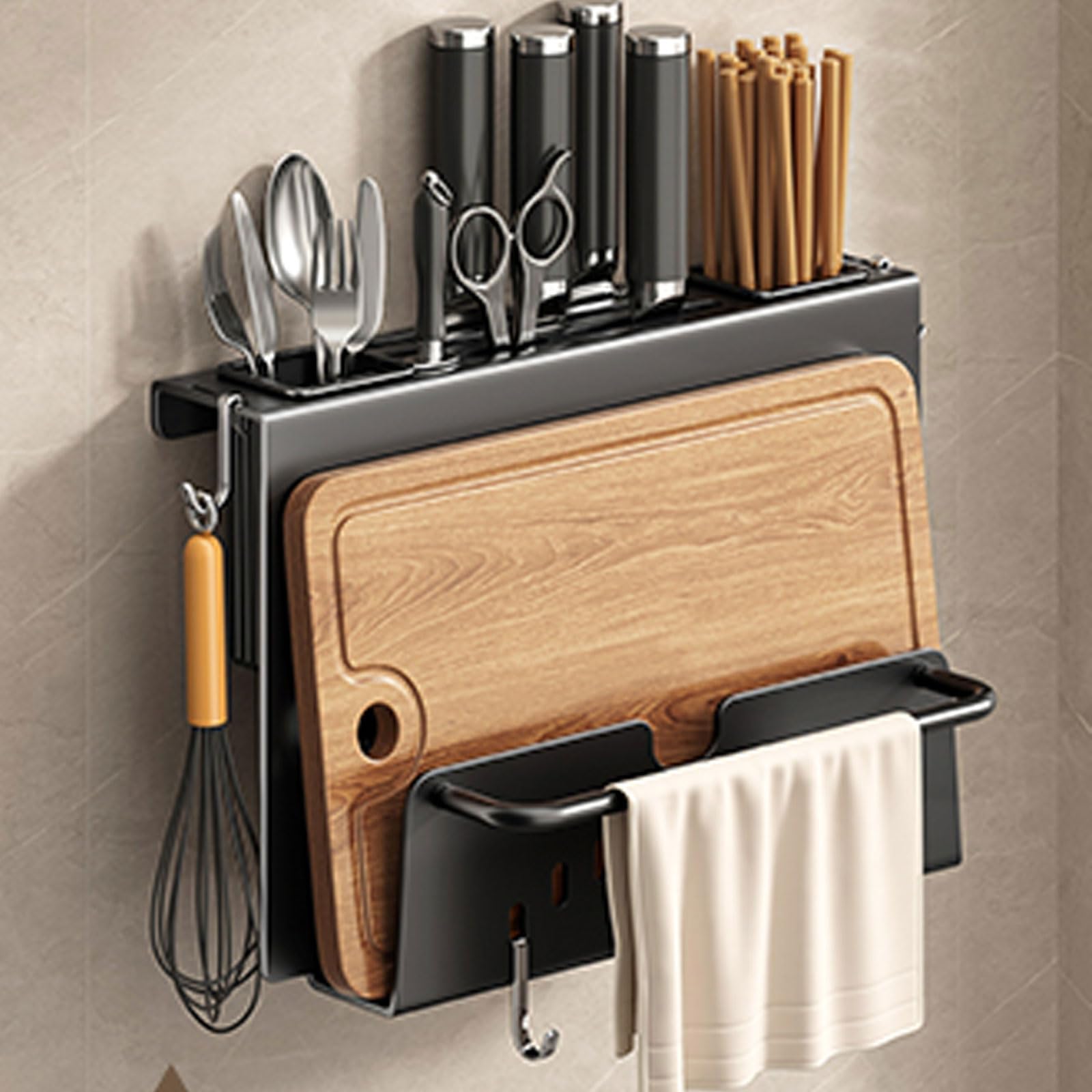 Appendiabiti multiuso da cucina da parete per taglieri, asciugamani, utensili e spatole, soluzione salvaspazio nera