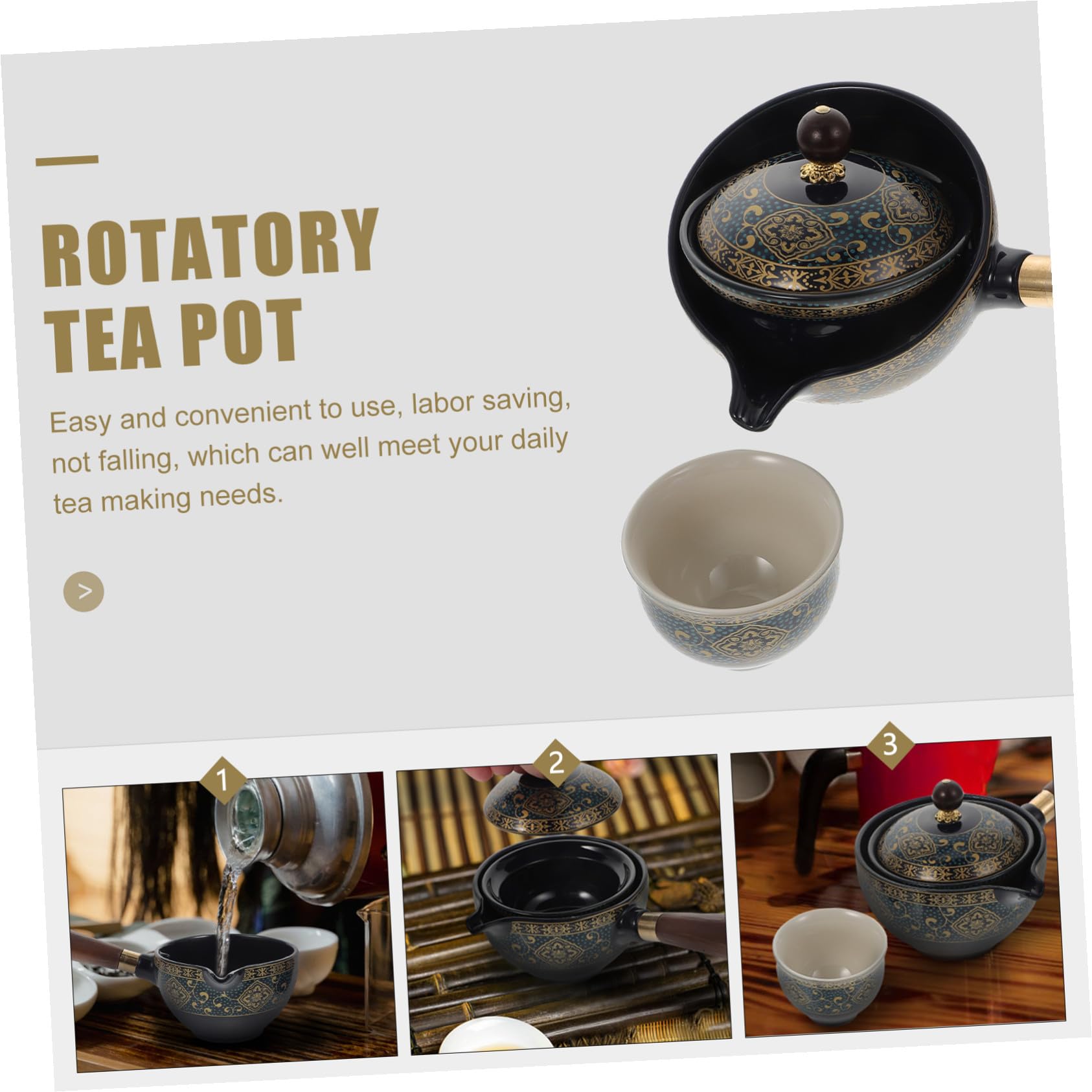 Homoyoyo Tetera Doméstica Giratoria Cerámica 360° Filtro y Asa Lateral Azul Elegante para Infusión de Té en Casa Juego de 1 Tetera y 4 Tazas para Té Tradicional
