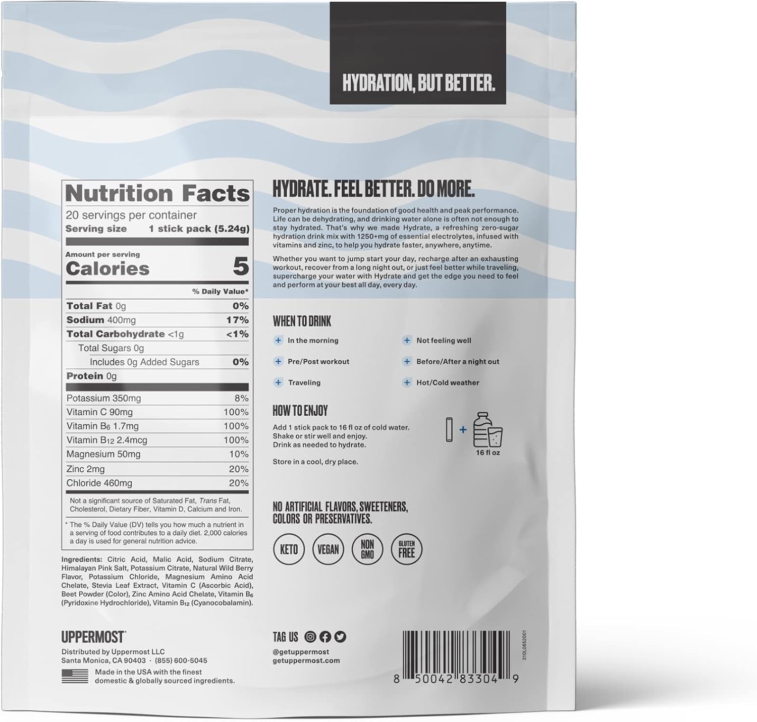 Uppermost Hydrate - Enhanced Electrolytes Hydration Drink Powder Mix Packets - No Sugar - Keto - Naturally flavored & sweetened - With Vitamin C, B6, B12-20 Stick Packs (Wild Berry)