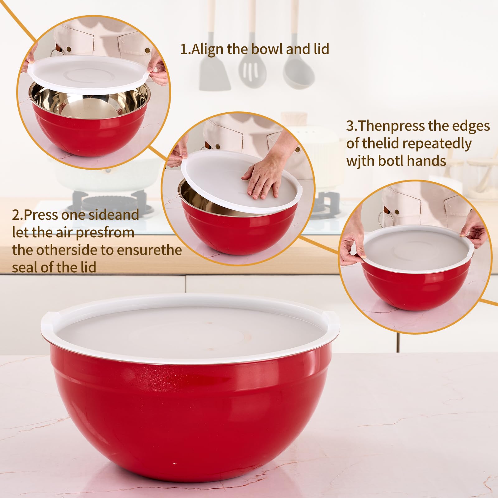 Cuencos rojos para mezclar con tapas herméticas, juego de 7 cuencos de acero inoxidable, ideales para hornear, preparar y servir alimentos, tamaño 7, 3.6, 2.7, 2.1, 1.5, 1.1, 0.8 cuartos de