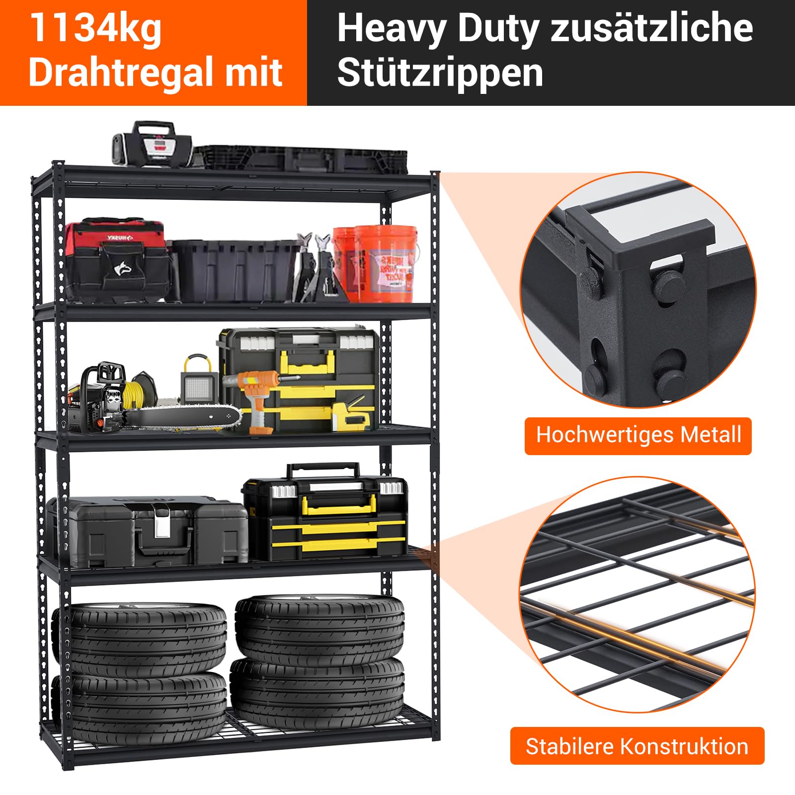 Garvee Scaffalatura Garage in Metallo 5 Ripiani Carichi Pesanti Ripiani Regolabili Capacità Di Carico 1360 kg Industriale Acciaio Officina, Cantina, Ripostiglio 122x61x183 cm