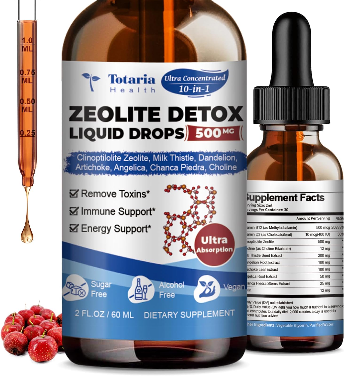 Specialized Adult Zeolite Detox- Clinoptilolite Zeolite Drops with Vitamin B12 and D3, Milk Thistle, for Heavy Metal, 2 Fl Oz