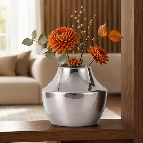 Silver Ceramic Flower Vase, Modern Round Short Vase Table Centerpiece