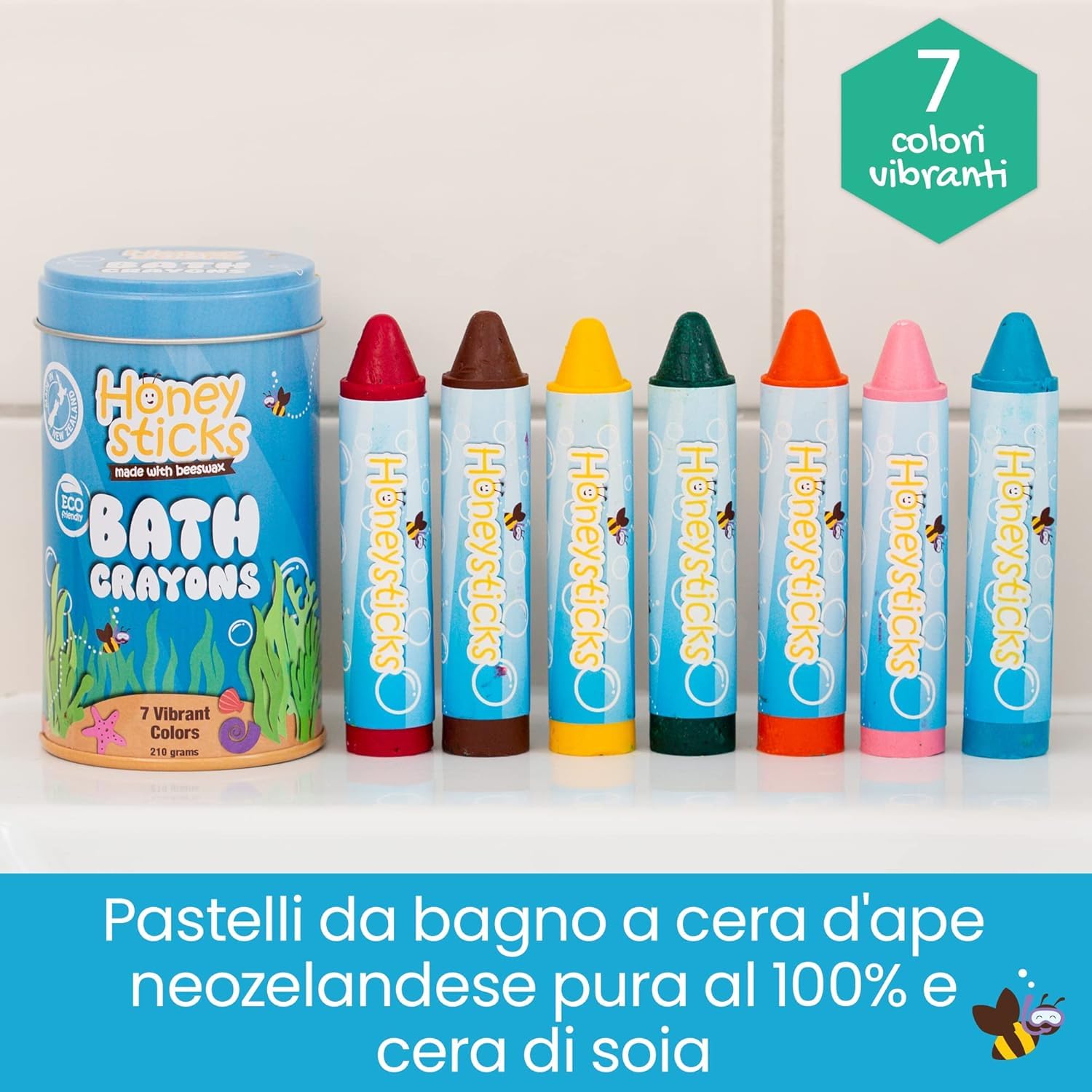 Honeysticks Pastelli vasca da bagno per bambini - Fatti in cera d'api naturale non tossica - Giocattoli per vasca da bagno senza profumo e non irritanti - Colori vivaci e facili da usare - 7 Pezzi