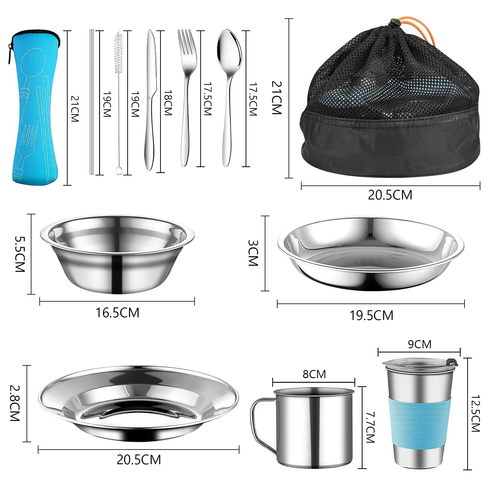 Kit Vaisselle Camping 10 Pièces En Inox – Assiette, Bol, Tasse, Cuillère, Sac Filet – Pour Rando, Pique-nique, Voyage