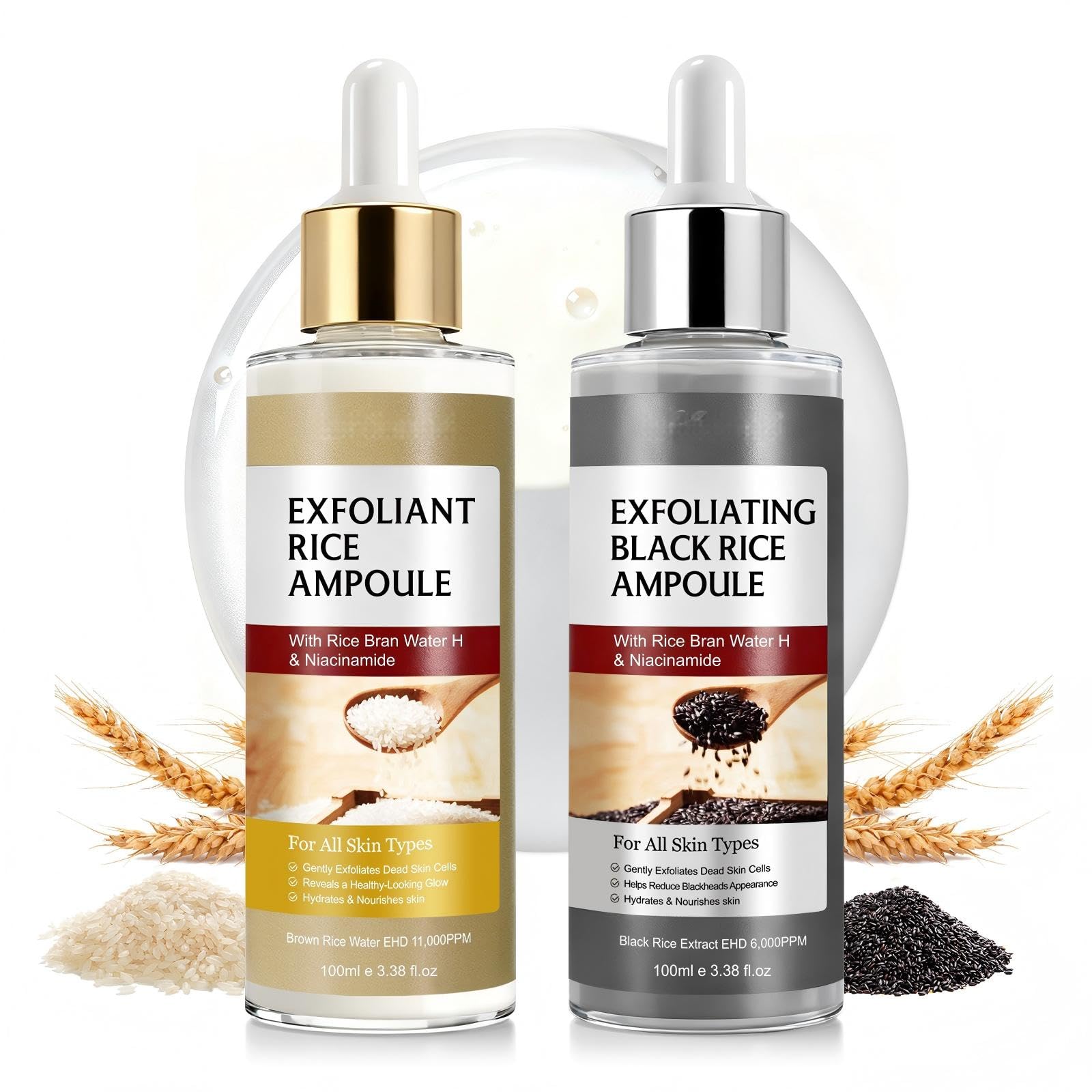 Peel Shot Glow Rice Ampoule Duo, Esfoliante Riso Bianco & Nero, Delicato scrub viso per la rimozione di cellule morte della pelle e punti neri, siero idratante, cura della pelle coreana 100ML*2Pack