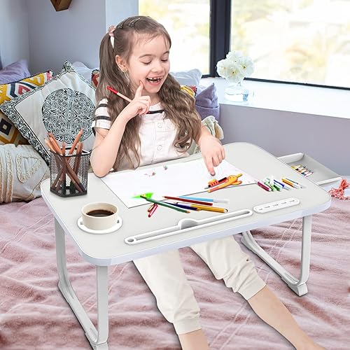 Miniatura 2 de Fayquaze Mesa de cama plegable portátil para laptop con puerto de carga USB, cajón de almacenamiento y soporte para tazas, mesa de mesa para comer,