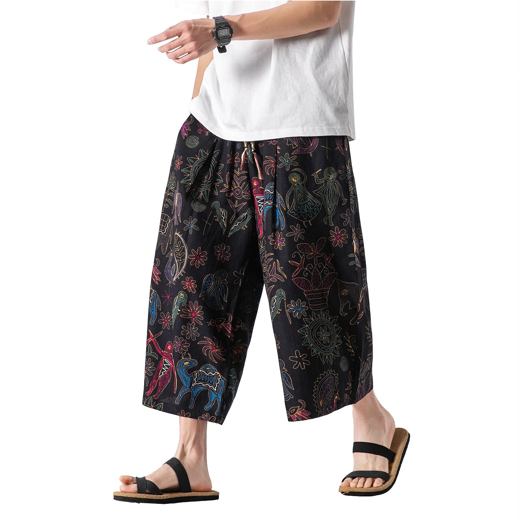 DOSLAVIDA Men's Linen Harem Capri Pants Loose Fit Yoga Beach Shorts Elastic Waist Wide Leg Baggy Cropped Trousers
