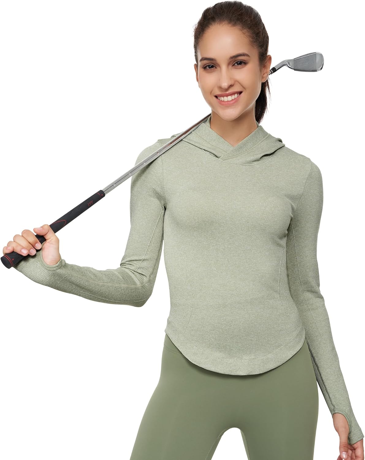 Womens Hooded Athletic Long Sleeve Running Shirts Workout Yoga Tops with Thumb Holes Slim Fit - Image 5