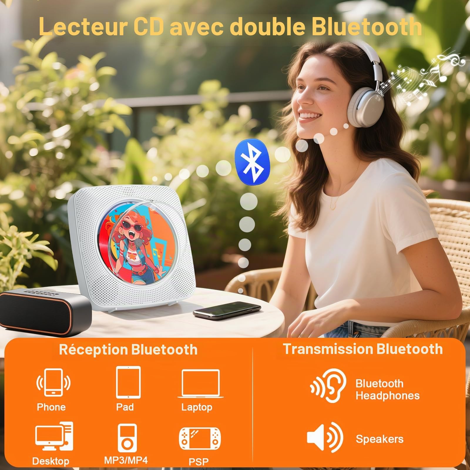 Gueray Lecteur CD Portable Enfant : Lecteurs CD Bluetooth pour la Maison avec Haut-parleurs Batterie 1800 mAh Télécommande Couvercle Anti-poussière Amovible Lecteur CD Mural avec Radio USB AUX Blanc