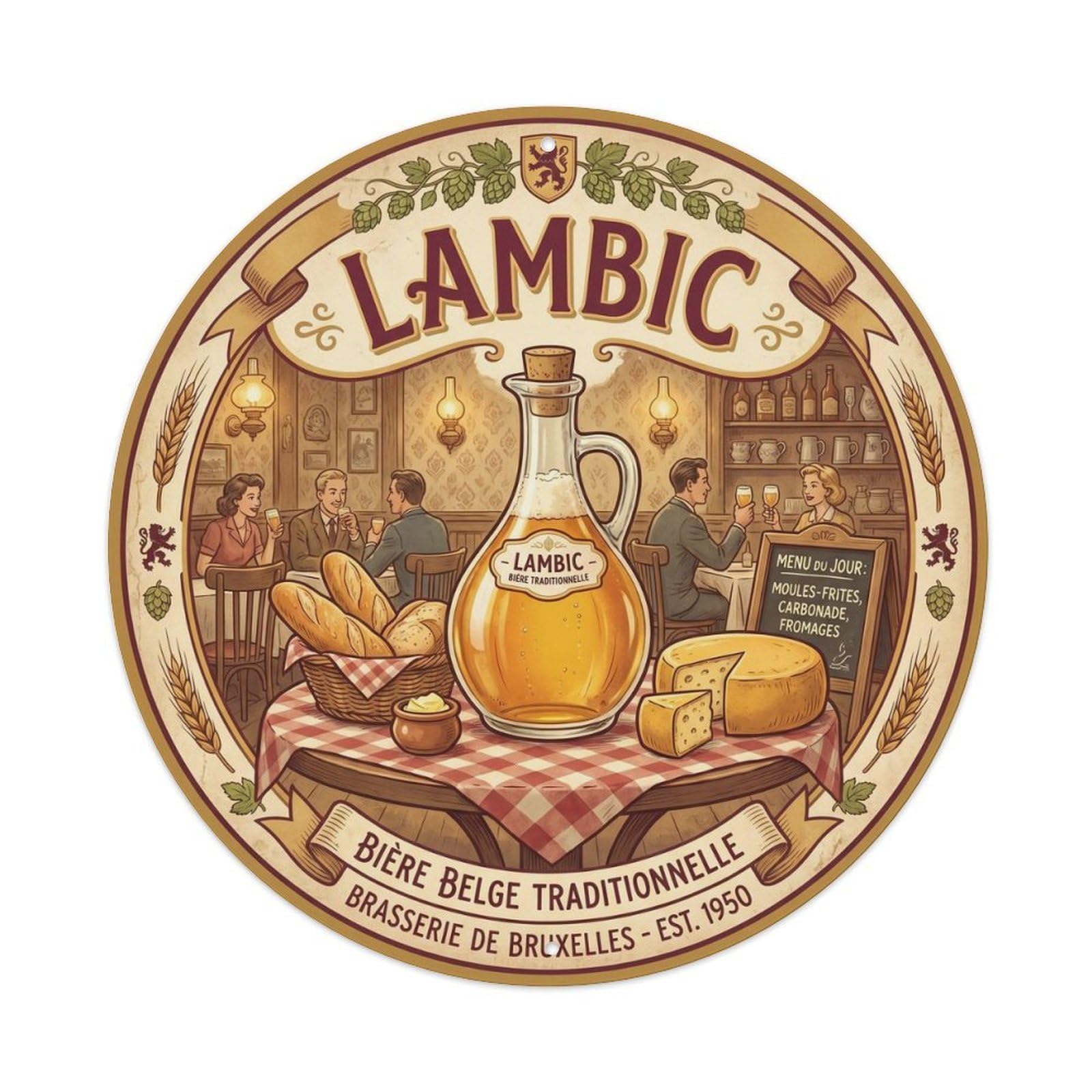 Lambic Sour Beer Wild Ferment Belgian Taproom Rustic Metal Tin Sign