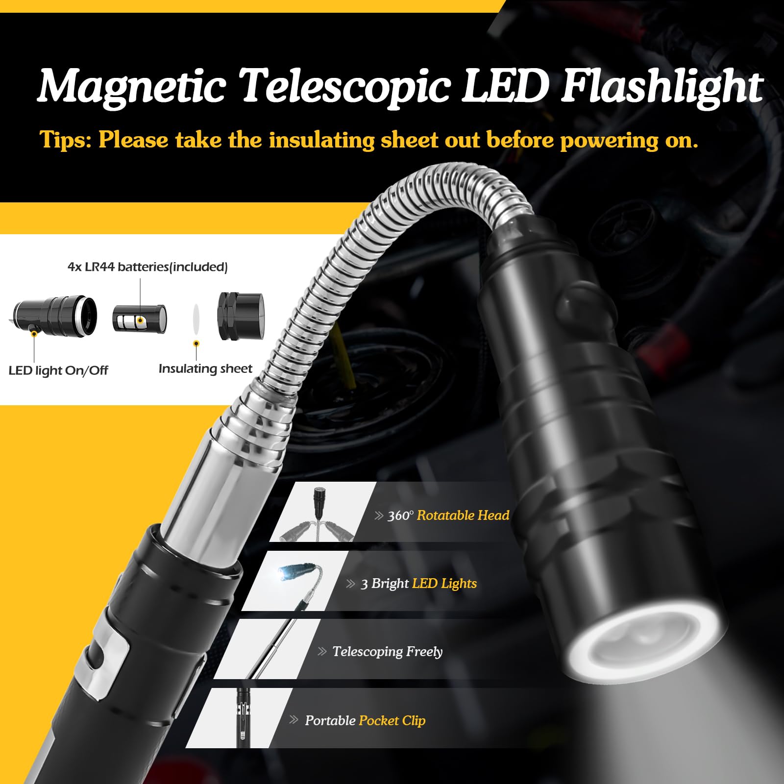 Housolution Magnetic Telescoping Pick-up Tool Kit, 5pcs Pickup Tool Set with Retractable Handle, 1&15lbs Magnetic Pickup Rod, 360 Adjustable Round & Square Inspection Mirror, Flexible LED Flashlight - Image 2