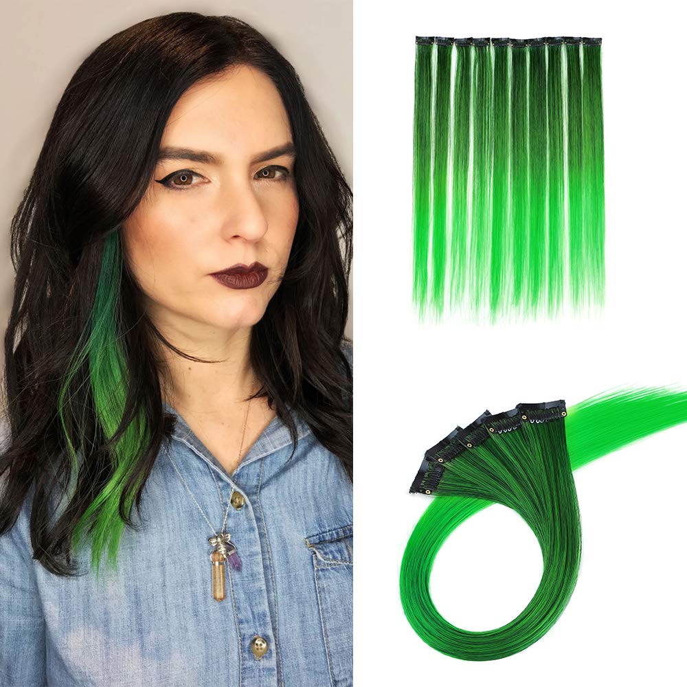 20"(50cm) SEGO 10PCS Extensiones de Colores de Pelo Clip [Verde Oscuro/Verde Claro] Mechas Fantasía para Niñas Muñecas Pelo Sintético Se Ve Natural Postizos Accesorios Lisos (80g)