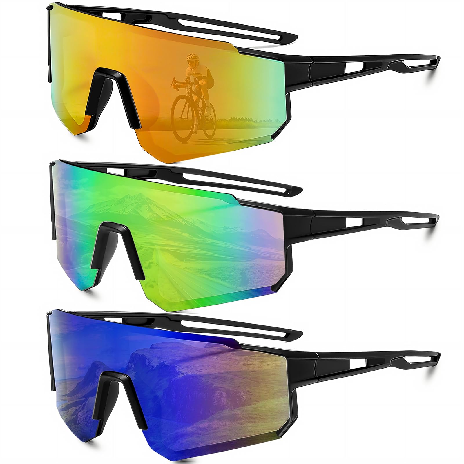 3 Piezas Gafas Ciclismo, Gafas De Sol Deportivas Polarizadas Protección UV400, Gafas de Ciclismo para Hombres y Mujeres, Para Andar En Bicicleta, Correr, Escalar, Pesca, Esquí