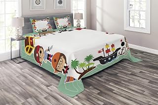 Ambesonne Party Coverlet, Pirate Explorer in Cartoon Style Treasure Chest Ship Tropical Island, 3 Piece Decorative Quilted Bedspread Set with 2 Pillow Shams, Queen Size, Multicolor