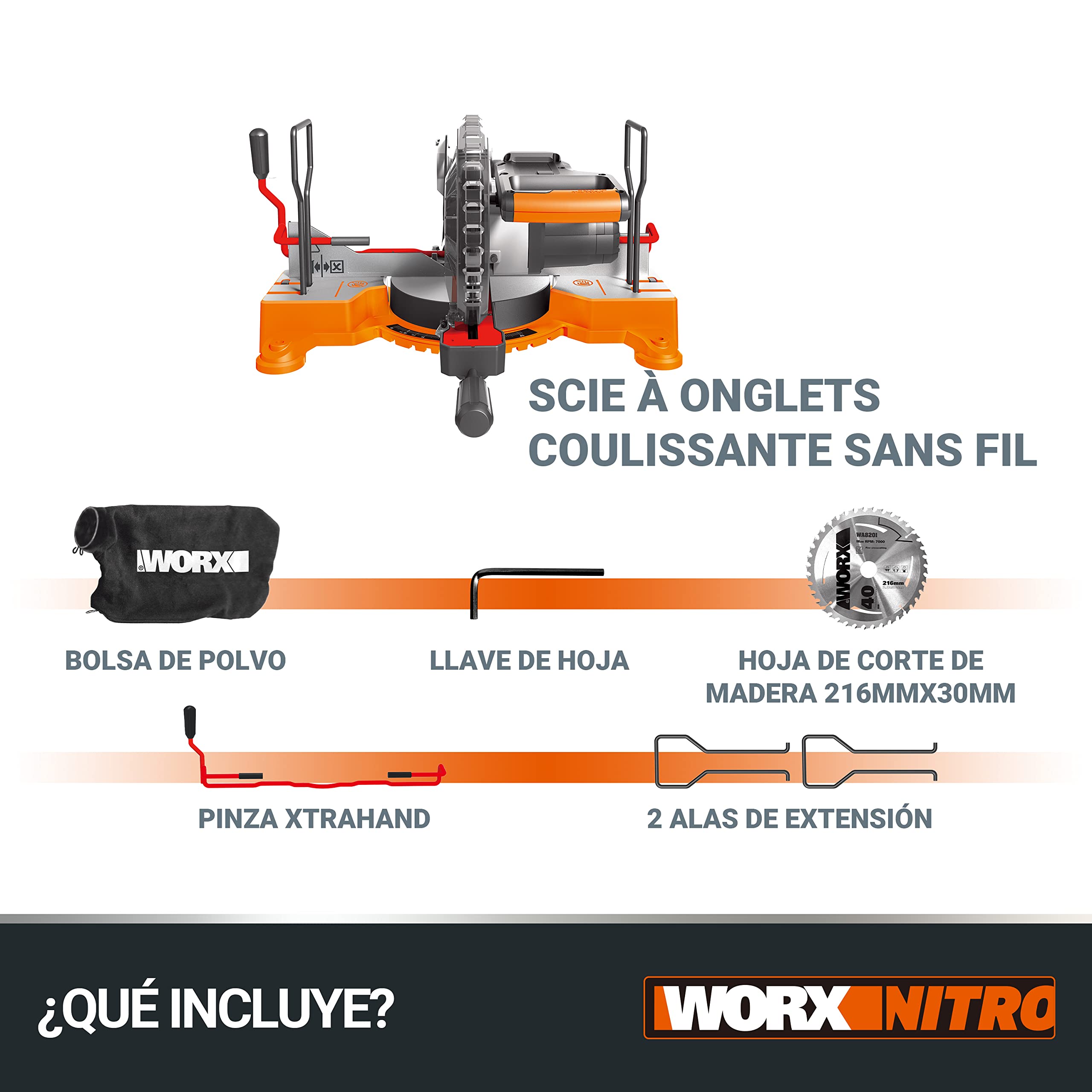 WORX WX845.9 Ingletadora 20V PowerShare - Sin batería| ni cargador Arranque progresivo| sistema de abrazaderas| guía de corte láser| freno eléctrico