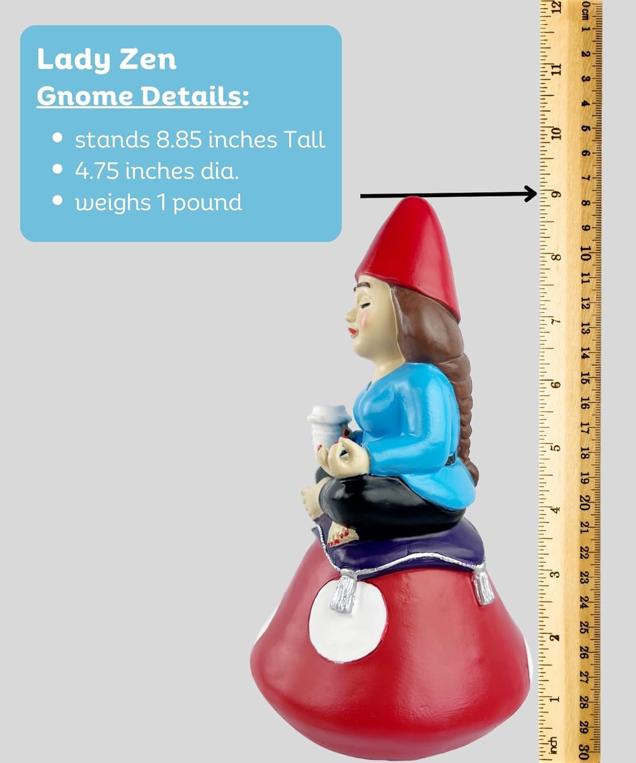 Gnometastic Lady Zen Gnome Statue - 8.8in Funny Garden Gnome Outdoor Decoration for Yard, Patio, Lawn Ornament, Yoga, Drinking Coffee Figurine for Home Decor, Gifts