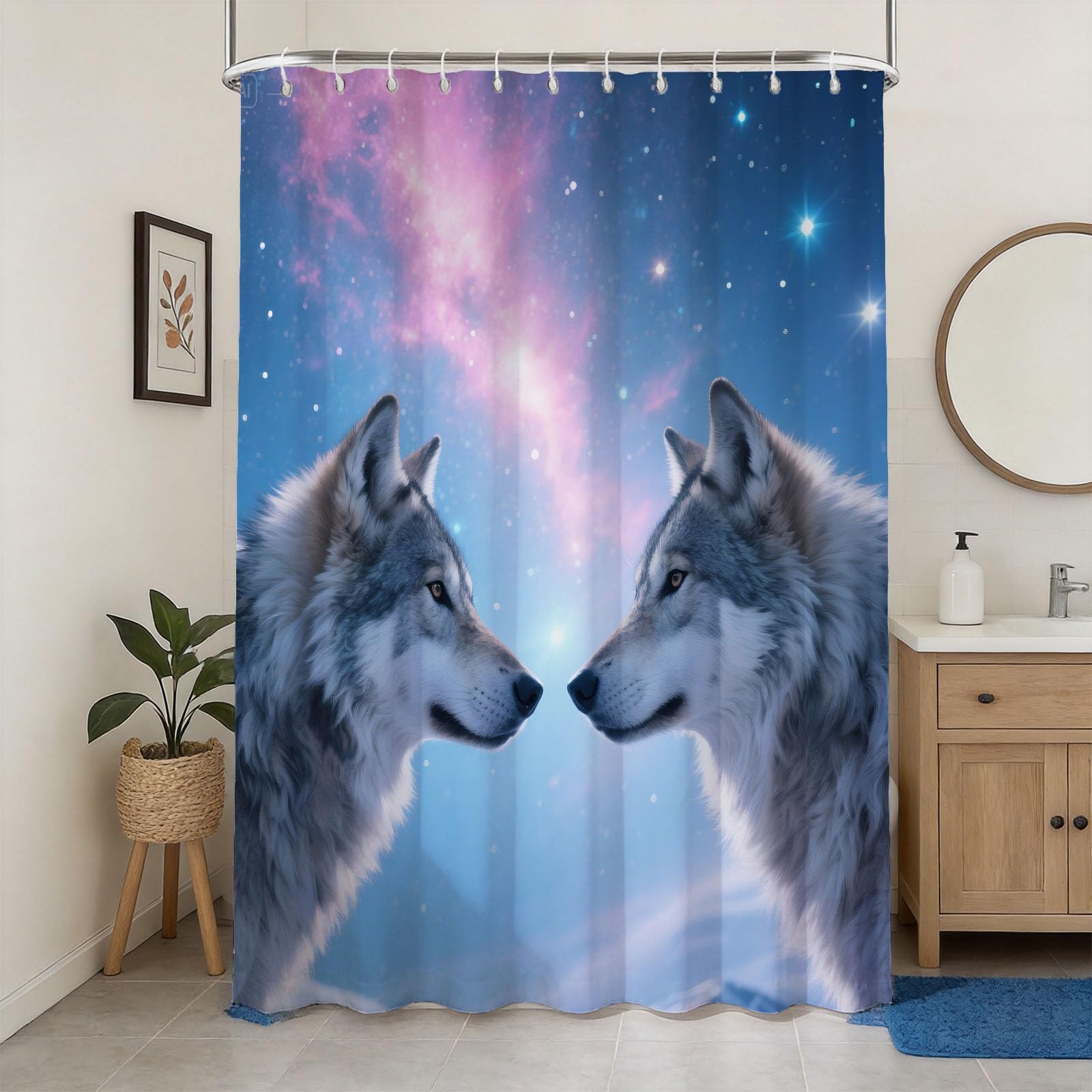 Hongduo 3D Nebula Wolf Shower Curtain for Stalls Bathtubs Fantasy Starry Sky Bathroom Decor Shower Curtain Set Polyester Fabric Waterproof 180x180cm/71X71 Inch with Hooks