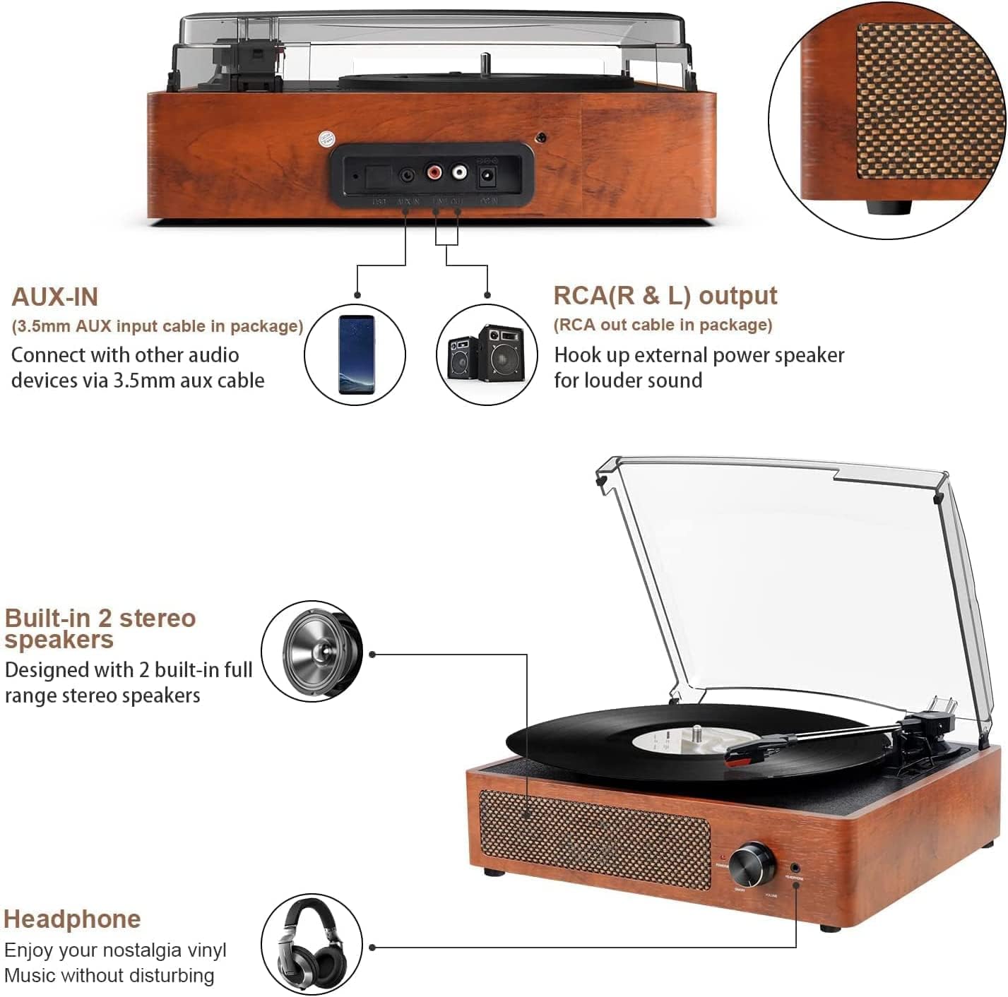 Vinyl Player Bluetooth Turntable Vinyl Record Player with Speakers Turntables for Vinyl Records 3 Speed Belt Driven Vintage Record Player Vinyl Turntable for Entertainment AUX in RCA Out : Electronics