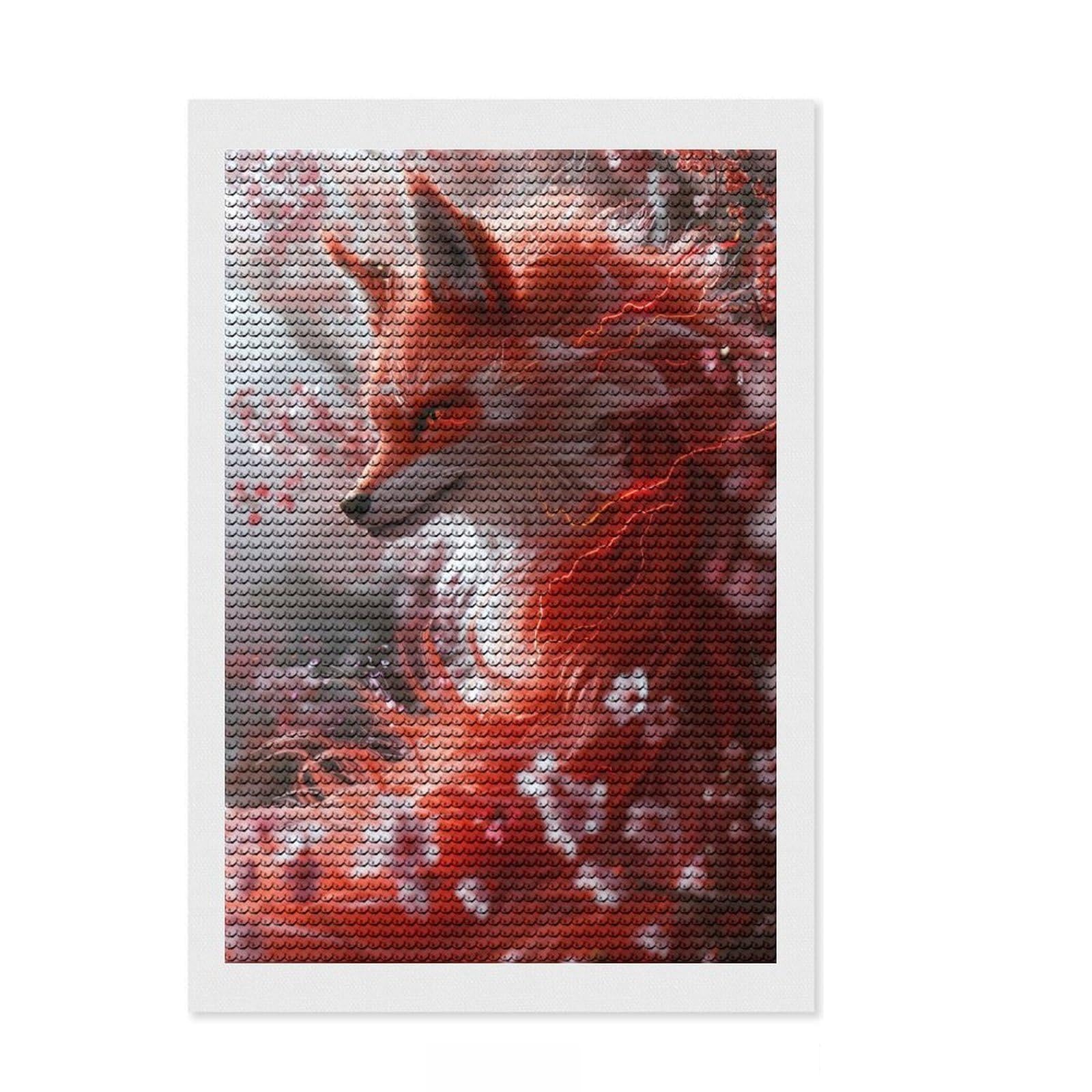 Junmoney Red Fox Fantasy Diamond Art Canvas 8"x12", Good for Quiet Evenings, Mindful Craft Activity, Office Decor, Gift Idea, with Tool Kit