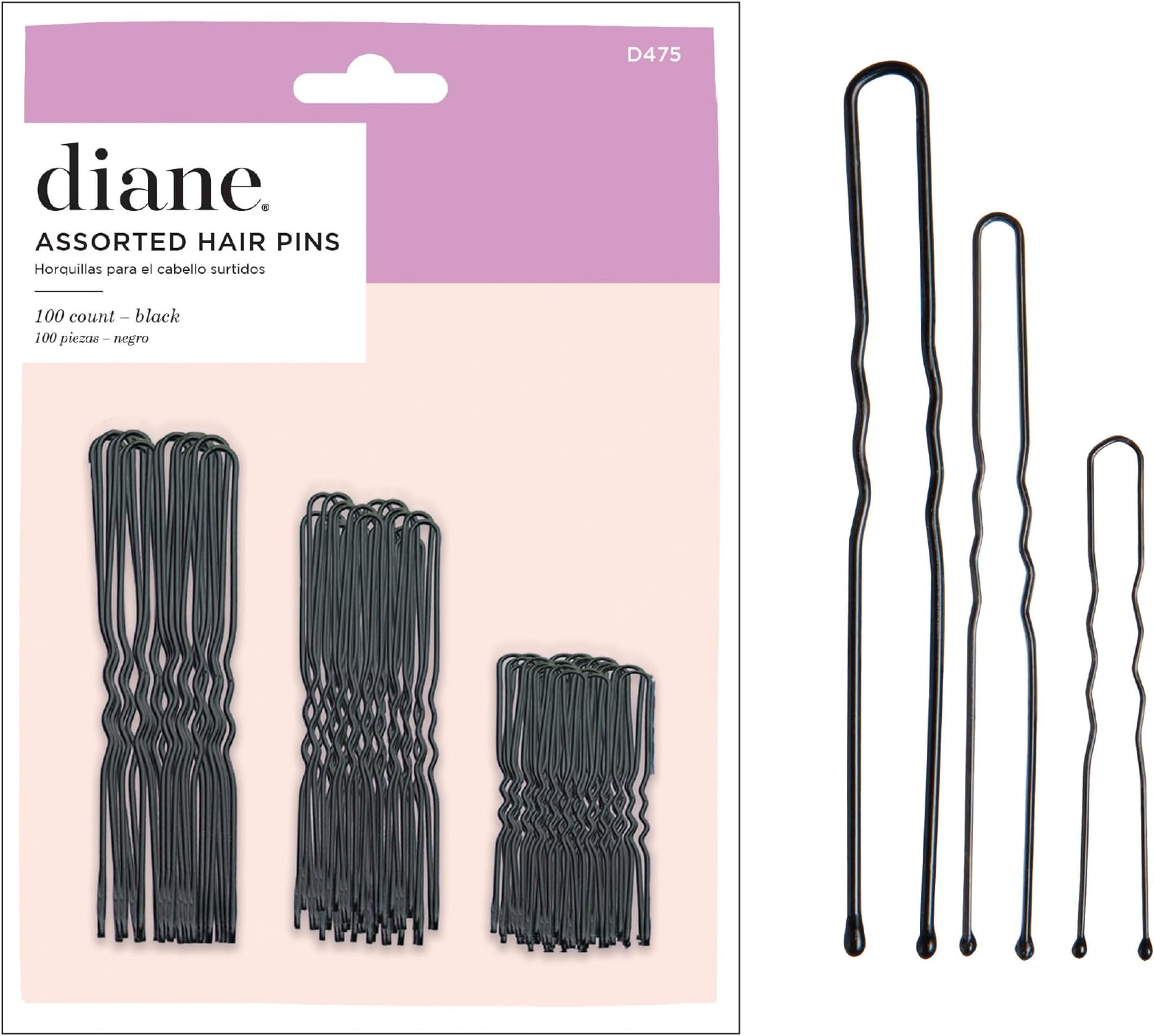 Hair Pins for Women Bulk Pack of 100 Assorted Sizes Jumbo 3, Large 2.5, Medium / Small 1.75 - Black, Crimped Design with Ball Tips, D475-100 Count(Pack of 1)