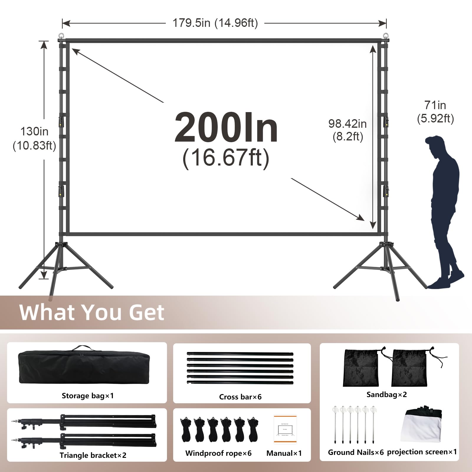 Wootfairy 200 Zoll Beamer Leinwand mit Ständer, Tragbare Projektor Leinwand 16:9 4K HD Outdoor Indoor Projektor Screen mit Tragetasche für Hinterhofkino Präsentation