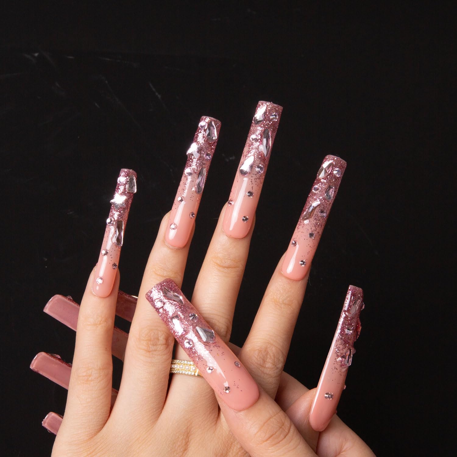 LOVFUL Press on Nails Pink Glitter | Handmade with Full Covered Crystals | Reusable Fake Nails | Square Long 2.2 in | H60-L