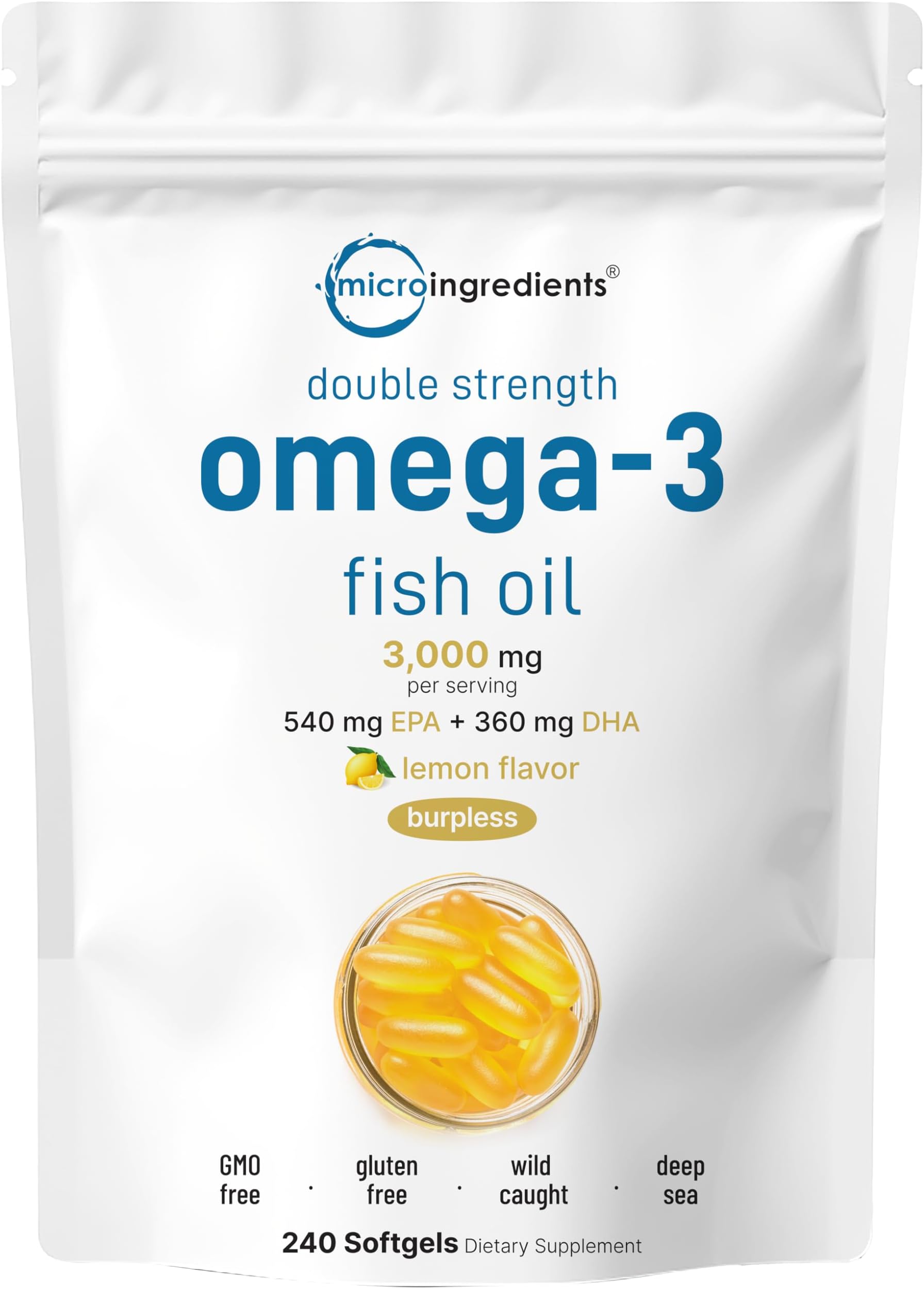 Micro Ingredients Omega 3 Fish Oil Supplements 3,000mg Per Serving, 240 Softgels | Lemon Flavored – Burpless | EPA 540mg + DHA 360mg | Deep Sea Fish