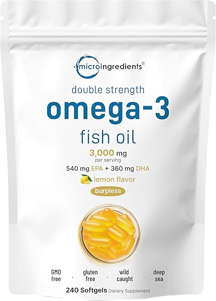 Micro Ingredients Omega 3 Fish Oil Supplements 3,000mg Per Serving, 240 Softgels | Lemon Flavored – Burpless | EPA 540mg + DHA 360mg | Deep Sea Fish