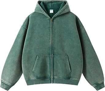 KEEPSHOWING Womens and Mens Zip Up Hoodies Long Sleeve Fall Oversized Sweatshirts Acid Wash Y2K Jacket with PocketsGreen S