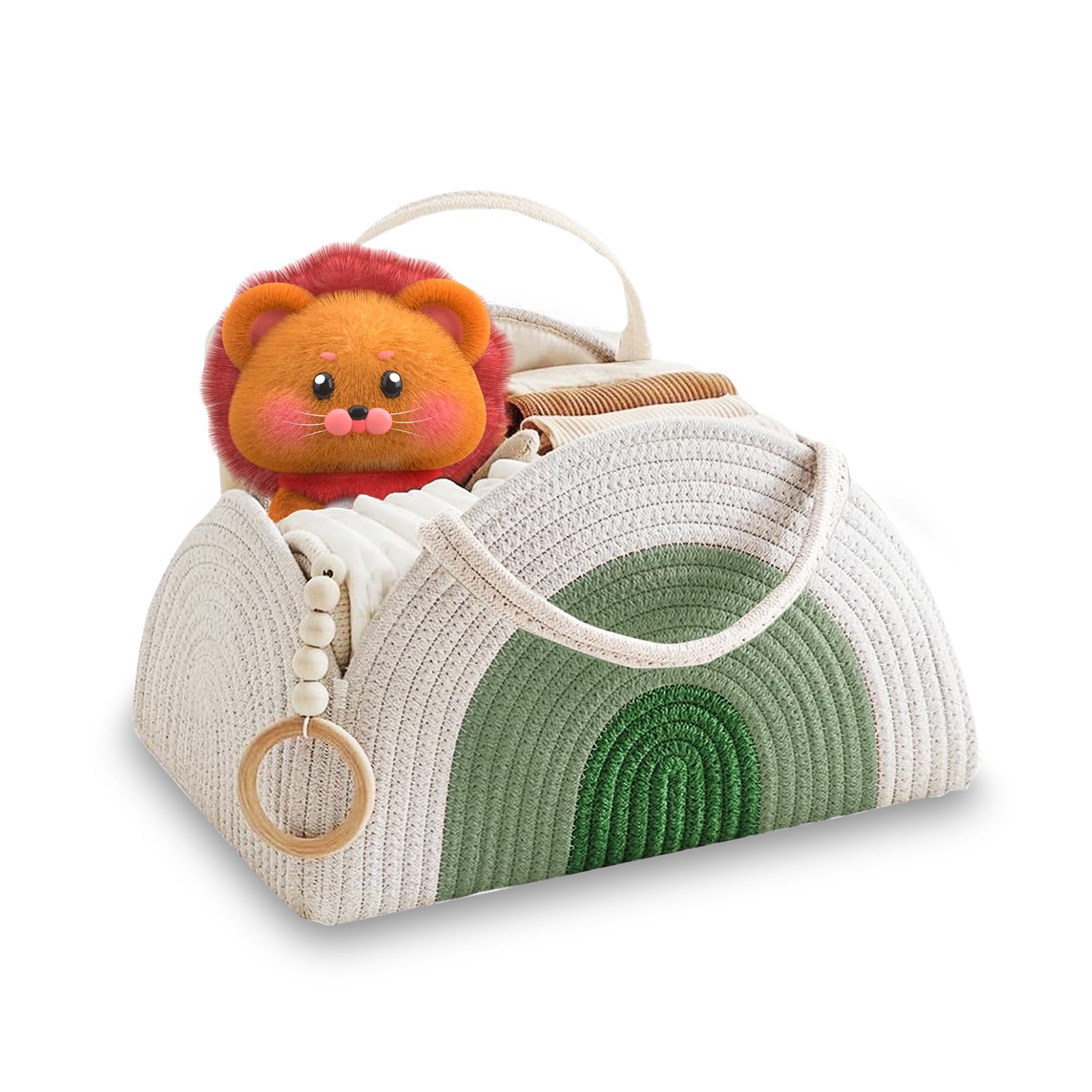 Organizer per fasciatoio, corda di cotone, organizer con divisorio, cestino portatile per pannolini per bambini, regalo per baby shower (bianco e verde)